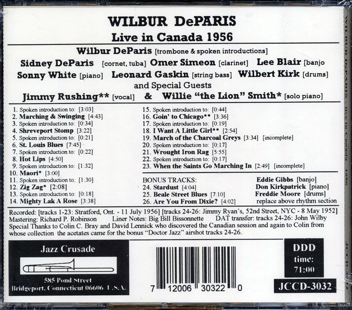 Wilbur DeParis - Live In Canada 1956 Music CD