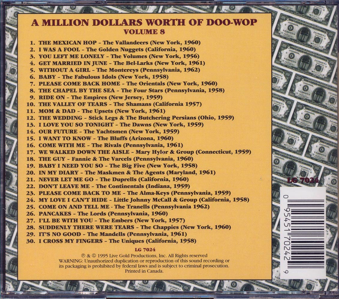 The Vallandeers, The Golden Nuggets, Mary Hylor, Etc. - A Million Dollars Worth Of Doo Wop Volume 8 Music CD