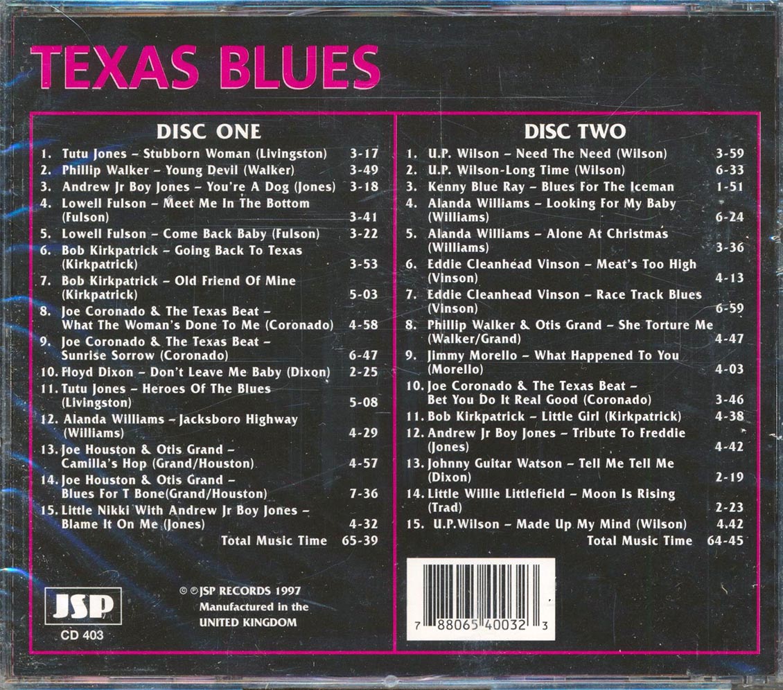 Tutu Jones, Phillip Walker, Andrew Jr. Boy Jones, Etc. - Texas Blues (2xCD) Music CD