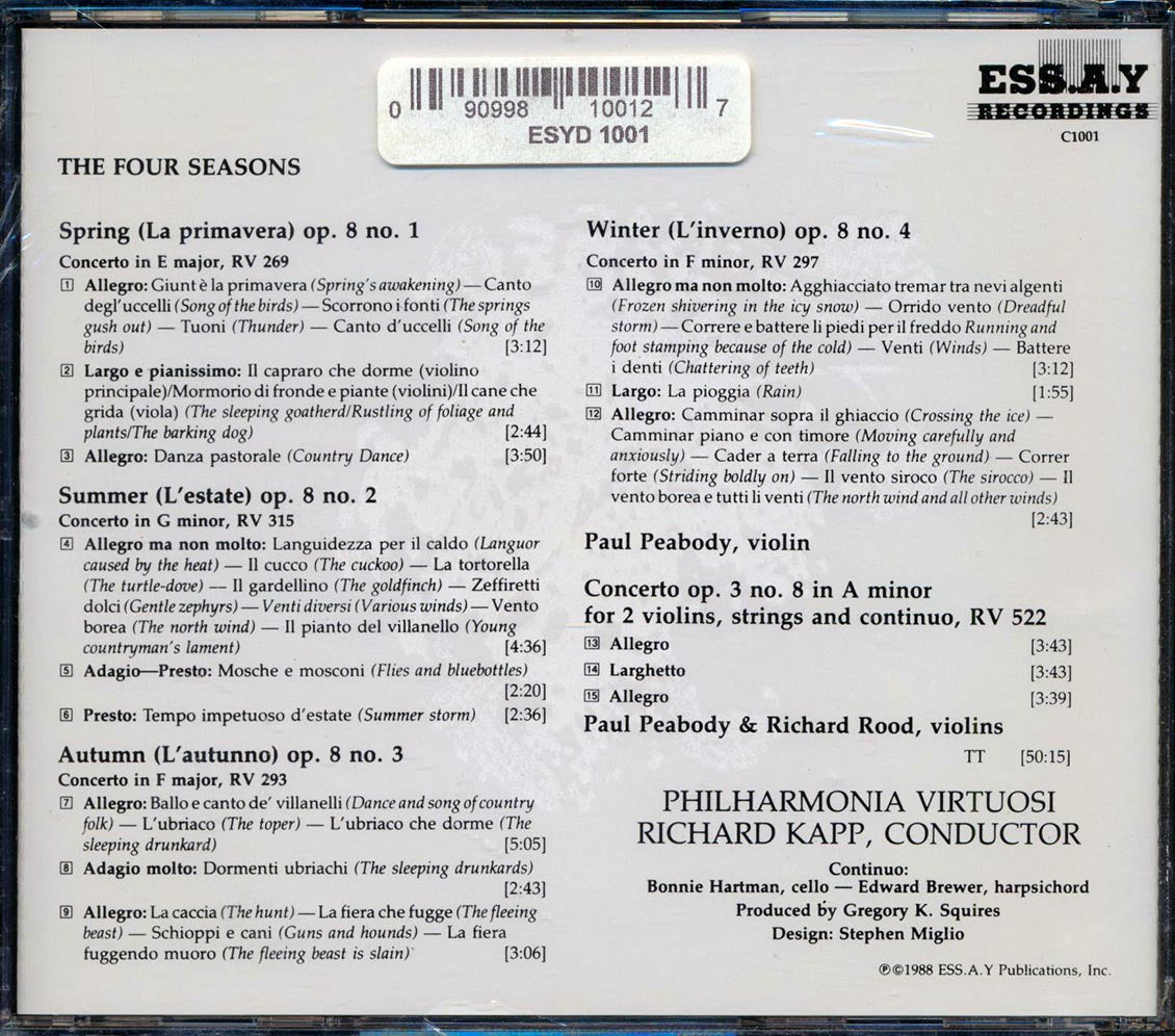 Antonio Vivaldi, Paul Peabody, Richard Kapp, Philharmonic Virtuosi - The Four Seasons Music CD