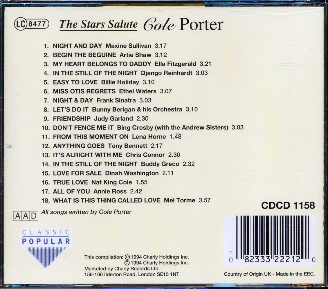 Frank Sinatra Billie Holidy Judy Garland Ella Fitzgerald Etc The Stars Salute Cole Porter Music CD
