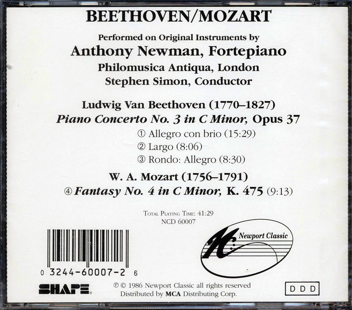 Beethoven, Mozart, Stephen Simon, Anthony Newman, Philomusica Of London - Beethoven: Piano Concerto No. 3 In C Minor / Mozart: Fantasy No. 4 In C Minor K.475 Music CD