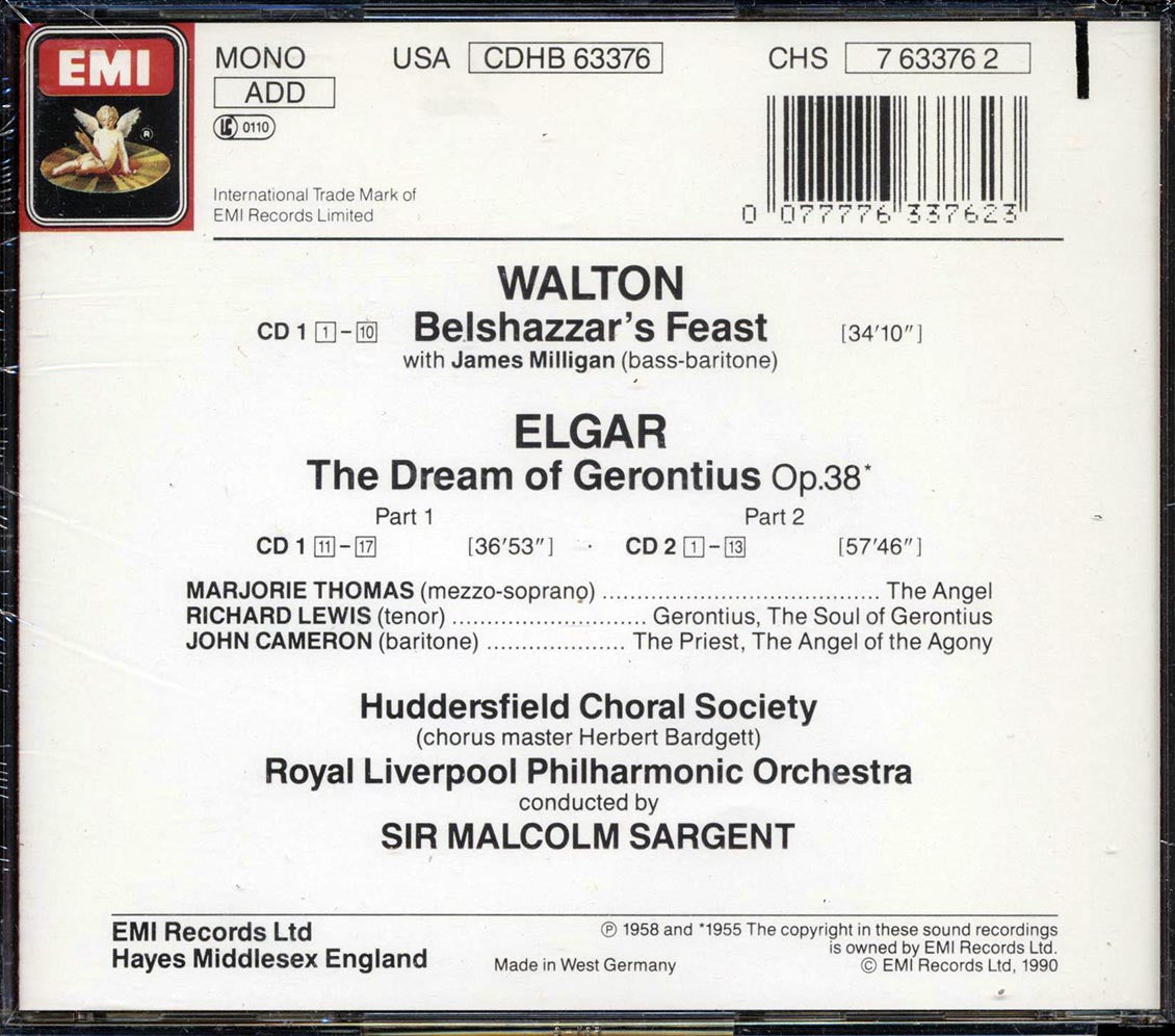 Elgar, Richard Lewis, Marjorie Thomas, John Cameron, Walton, Royal Liverpool Philharmonic Orchestra, Etc. - Belshazzar's Feast, The Dream Of Gerontius (30 tracks) (2xCD) Music CD