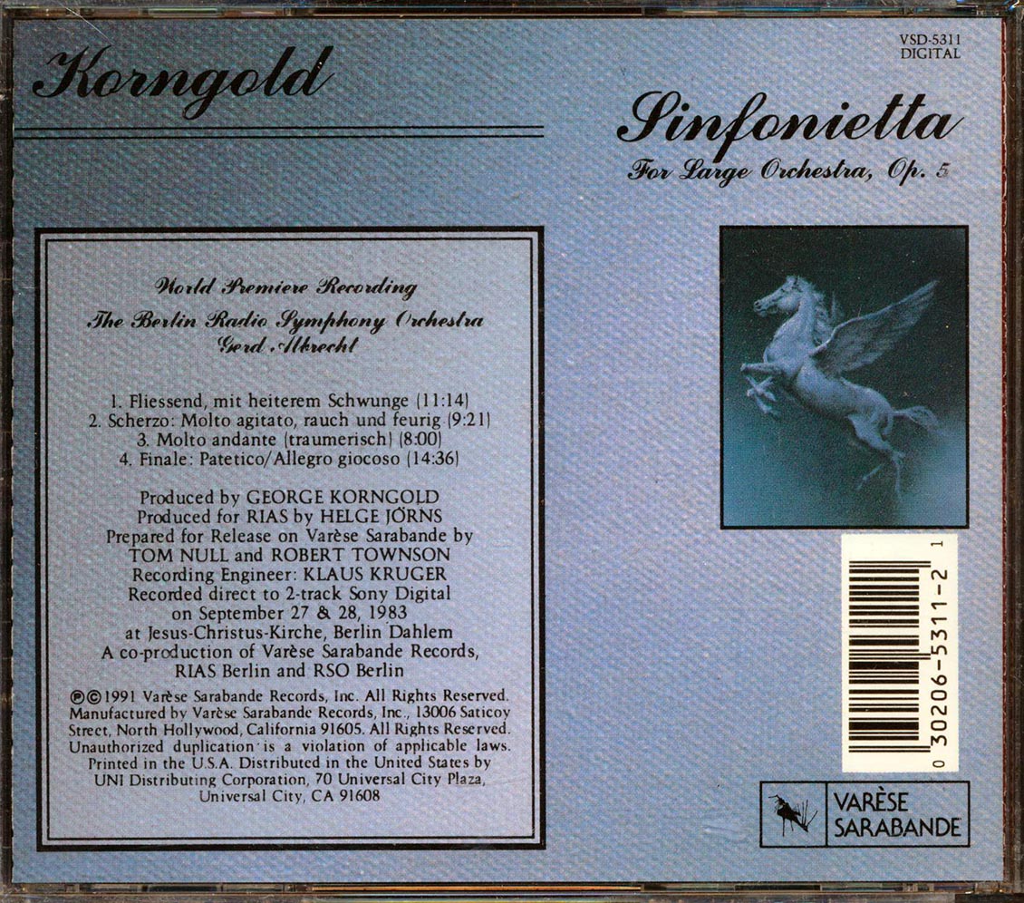 Korngold, Gerd Albrecht, The Berlin Radio Symphony Orchestra - Sinfonietta For Large Orchestra, Op. 5 Music CD