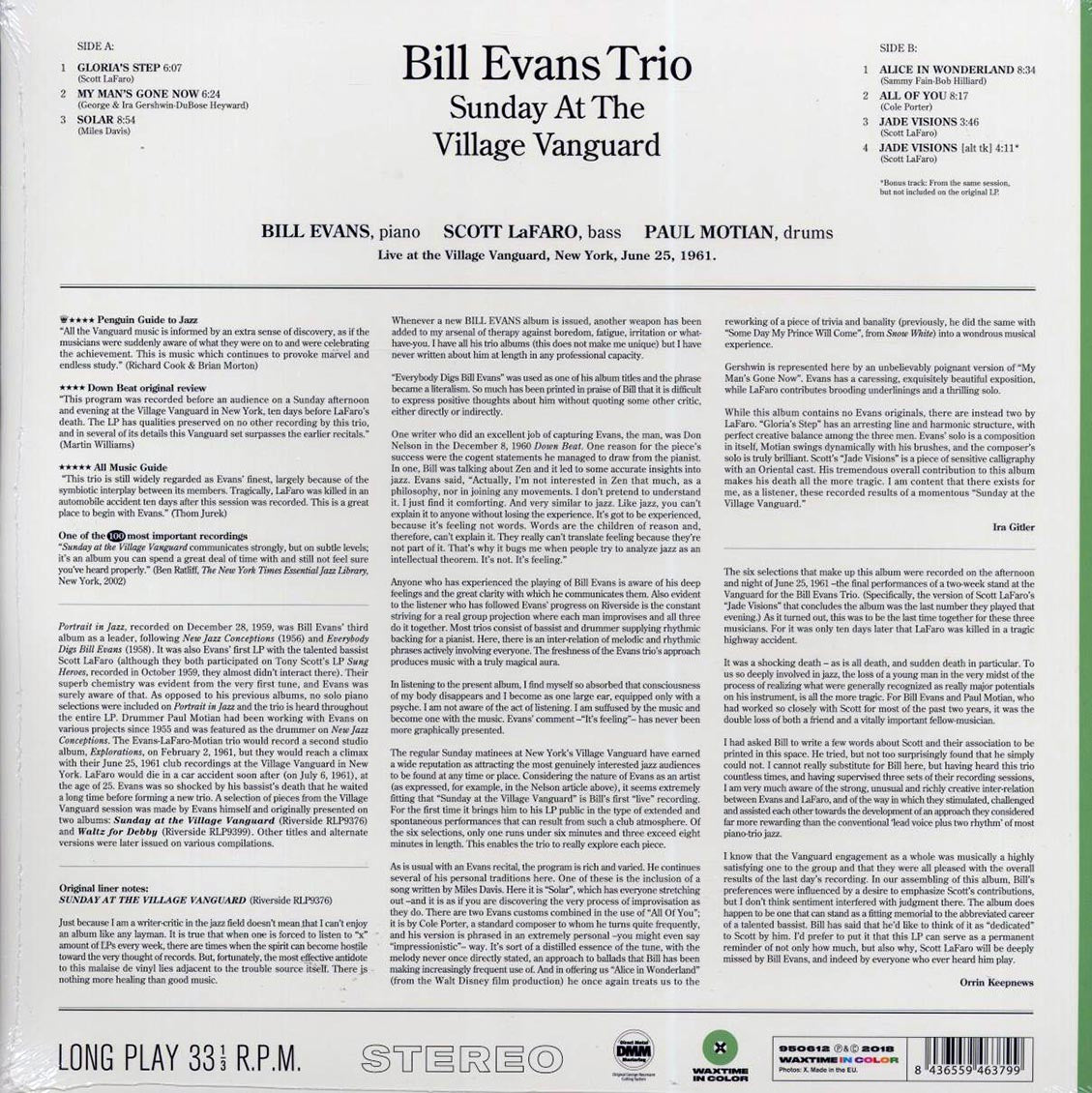 Bill Evans Trio - Sunday At The Village Vanguard (+bonus track) (ltd. ed.) (180g) (green vinyl) Vinyl Record