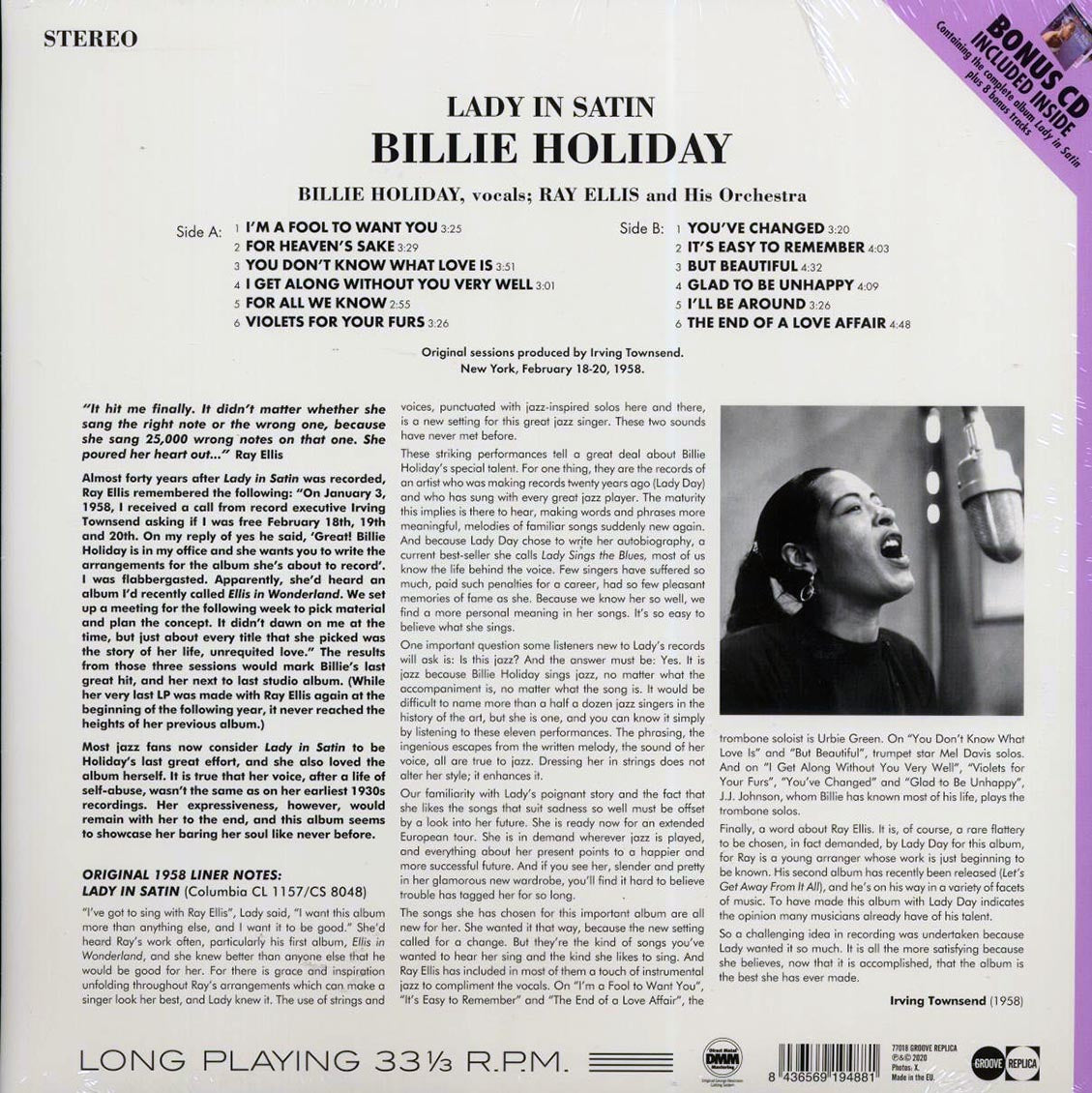 Billie Holiday - Lady In Satin (+8 bonus tracks) (ltd. ed.) (180g) (incl. CD) Vinyl Record