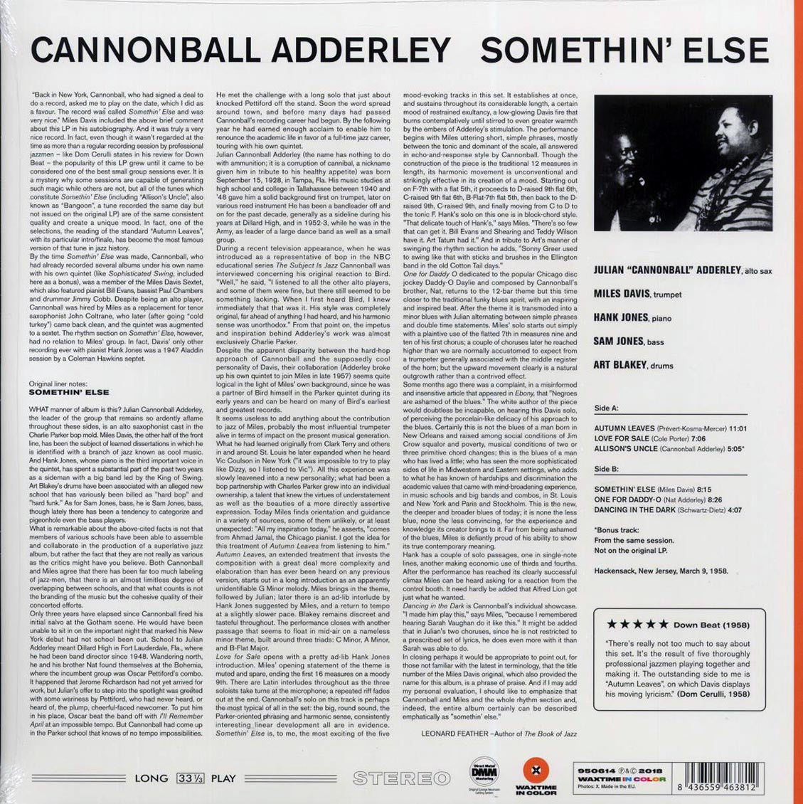 Cannonball Adderley, Miles Davis, Hank Jones, Sam Jones, Art Blakey - Somethin' Else (+bonus track) (ltd. ed.) (180g) (orange vinyl) Vinyl Record