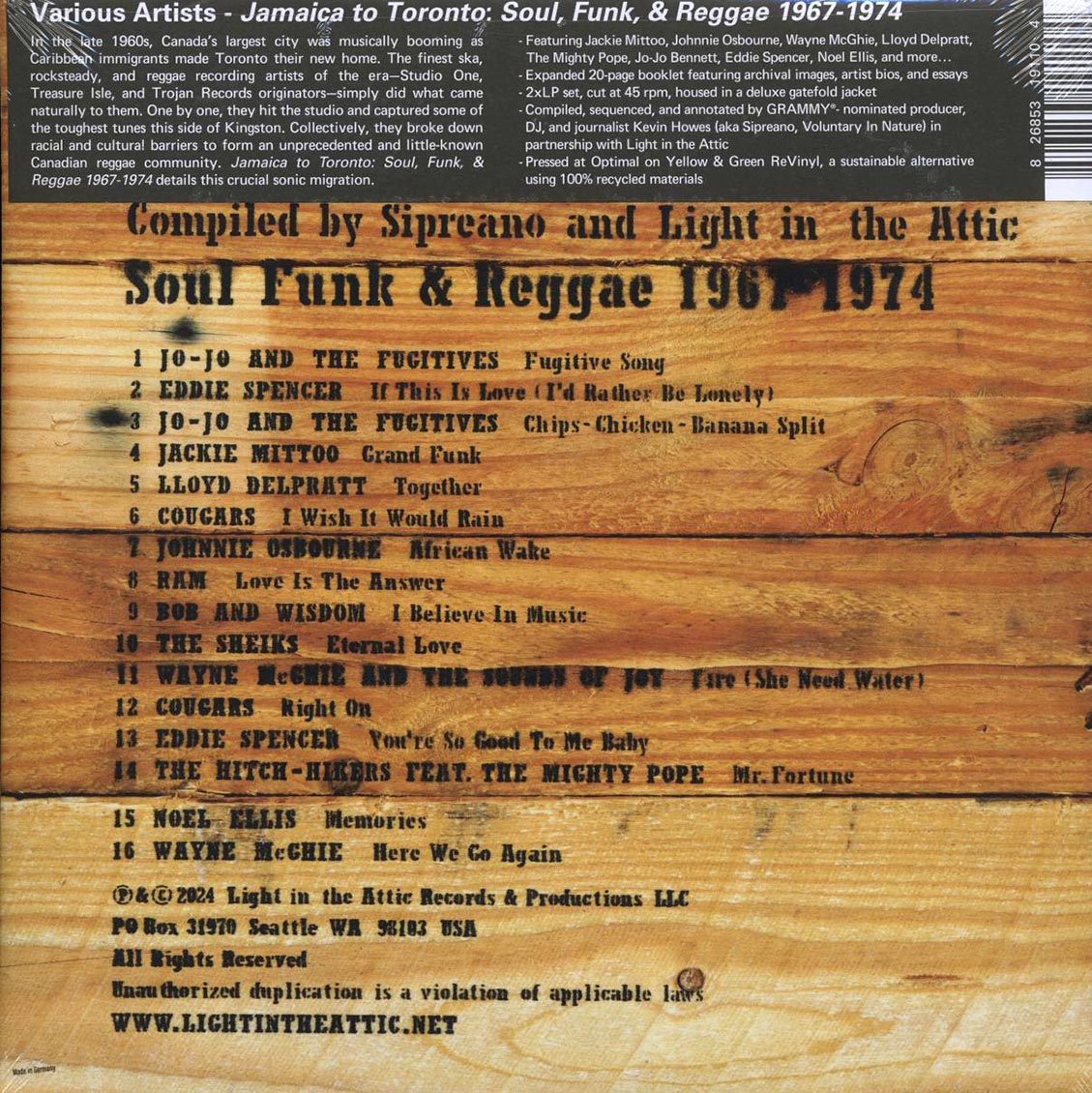 Jackie Mittoo, Johnny Osbourne, Noel Ellis, Cougars, Etc. - Jamaica To Toronto: Soul Funk & Reggae 1967-1974 (RSD 2024) (ltd. ed.) (2xLP) (yellow/green marbled vinyl) Vinyl Record