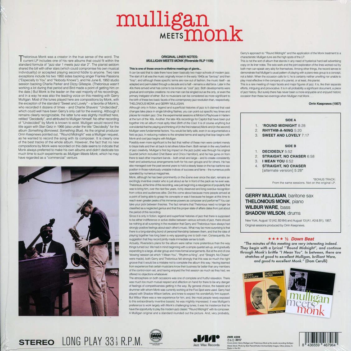 Thelonious Monk, Gerry Mulligan - Mulligan Meets Monk (+bonus track) (180g) Vinyl Record