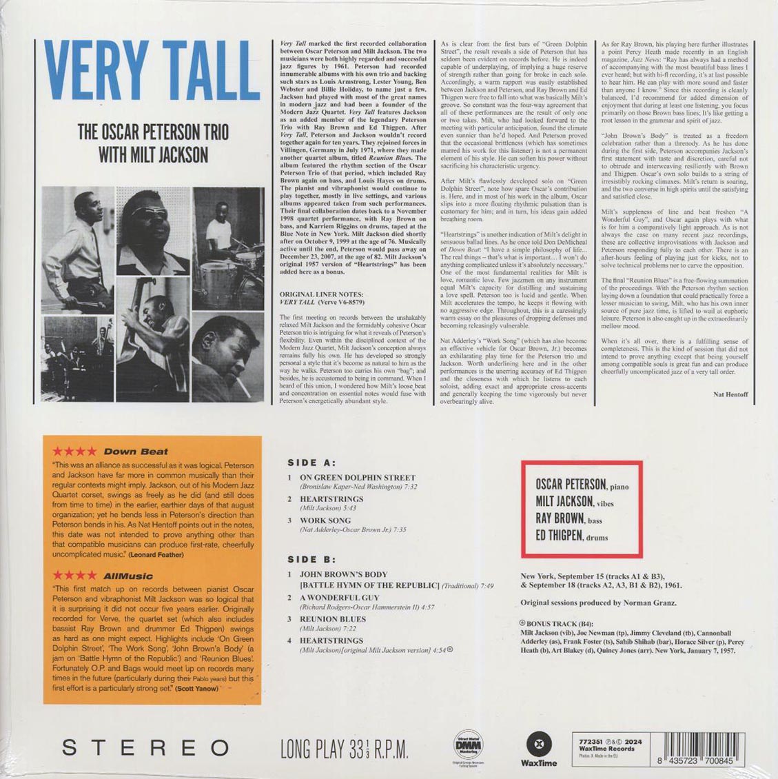 Oscar Peterson Trio, Milt Jackson - Very Tall (+bonus track) (ltd. ed.) (180g) Vinyl Record
