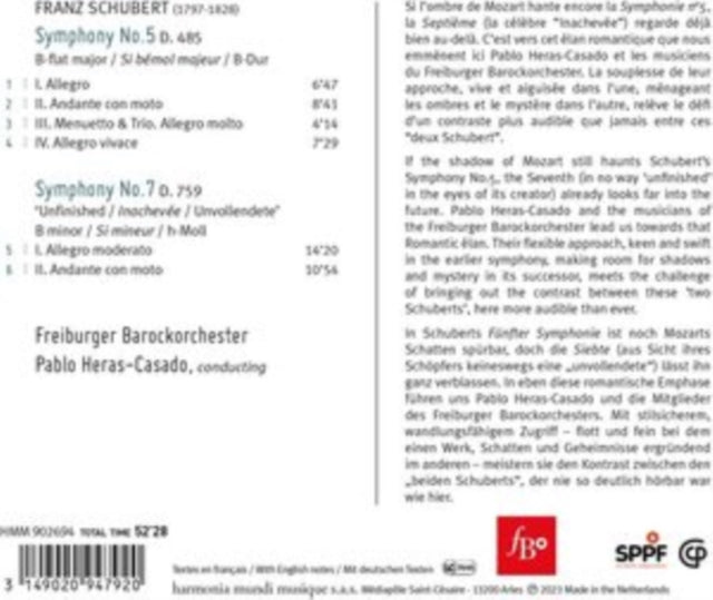 Pablo Heras-Casado Freiburger Barockorchester - Schubert: Symphonies Nos. 5 & 7 Unfinished Music CD