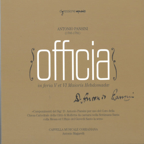the album cover for Pansini / Cappella Musicale Corradiana - Officia / in Feria V Et Vi Maioris Hebdomadae
