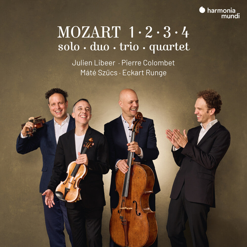 the album cover for Julien Libeer / Colombet,Pierre / Runge,Eckart - Mozart 1 2 3 4 - Solo Duo Trio Quartet