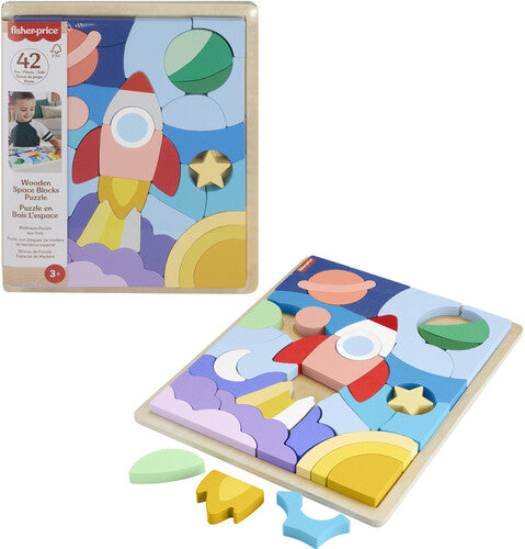 Fisher Price Wood - Wooden Space Puzzle Blocks - Collectibles