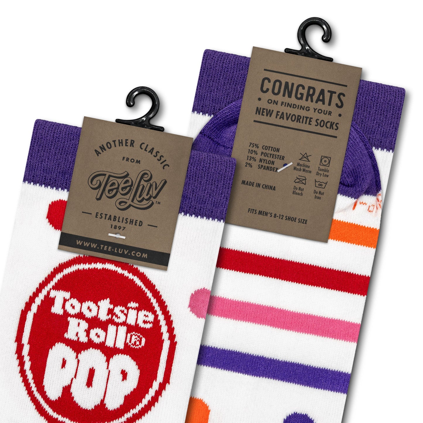 Tootsie Roll Pop Colorful Candy Logo Crew Socks Officially Licensed - White/Purple