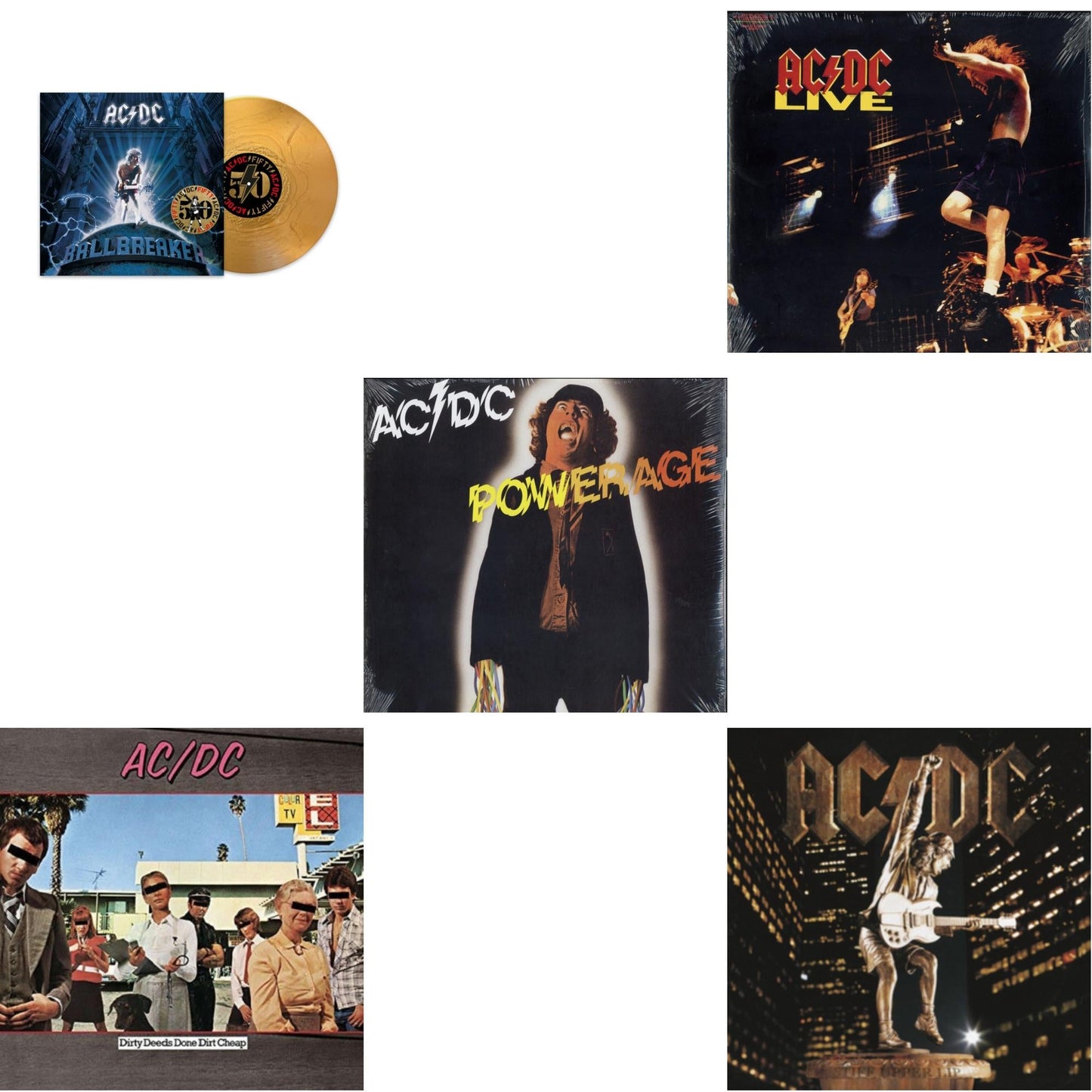 Ac/Dc - Ballbreaker (50Th Anniversary/Gold Color LP Vinyl) & Dirty Deeds Done Dirt Cheap (180G) & Powerage (180G) & Live (2LP/180G) & Stiff Upper Lip (180G)