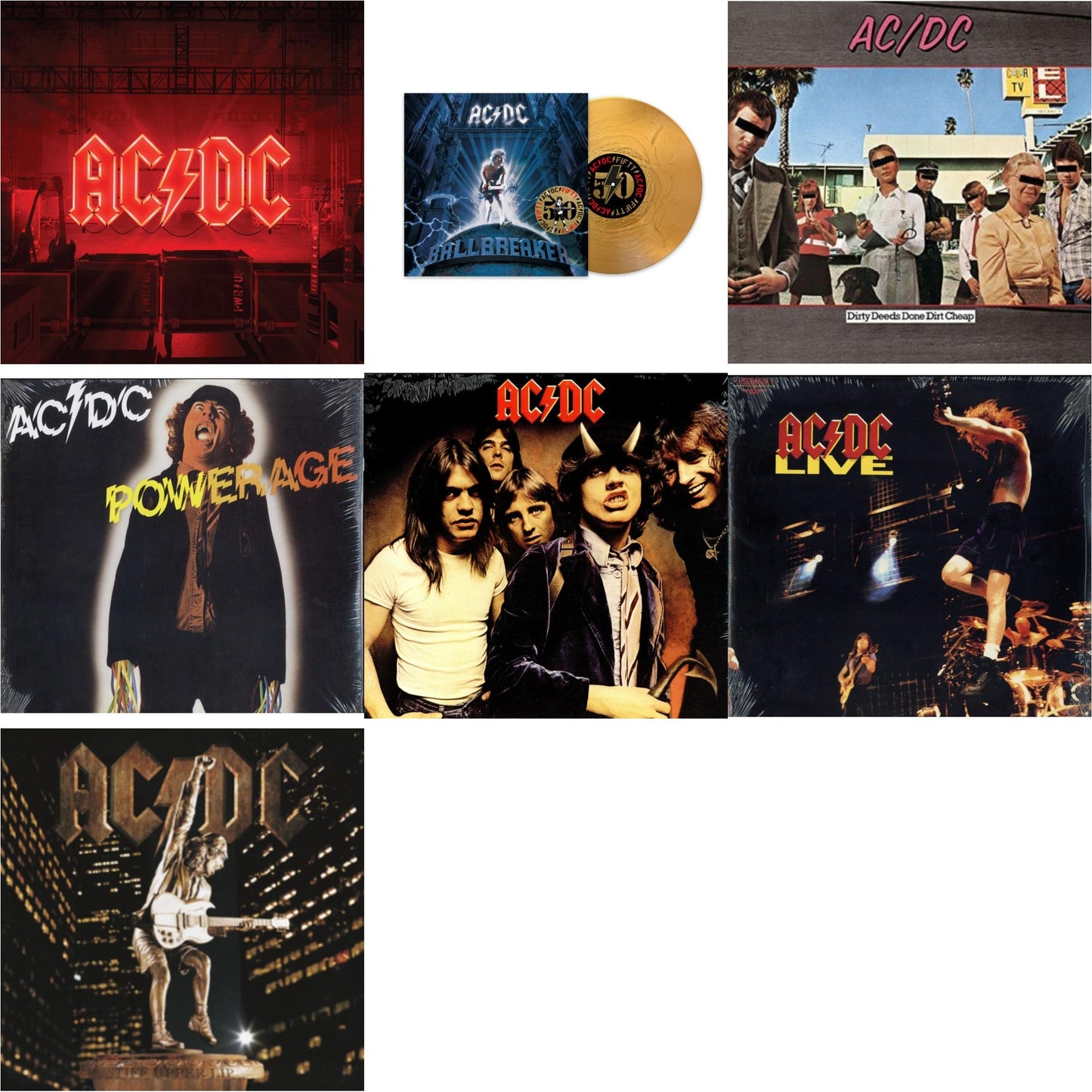 Ac/Dc - Power Up (180G/Gatefold Jacket/Inner Sleeve) & Ballbreaker (50Th Anniversary/Gold Color LP Vinyl) & Dirty Deeds Done Dirt Cheap (180G) & Powerage (180G) & Highway To Hell (180G) & Live (2LP/180G) & Stiff Upper Lip (180G)