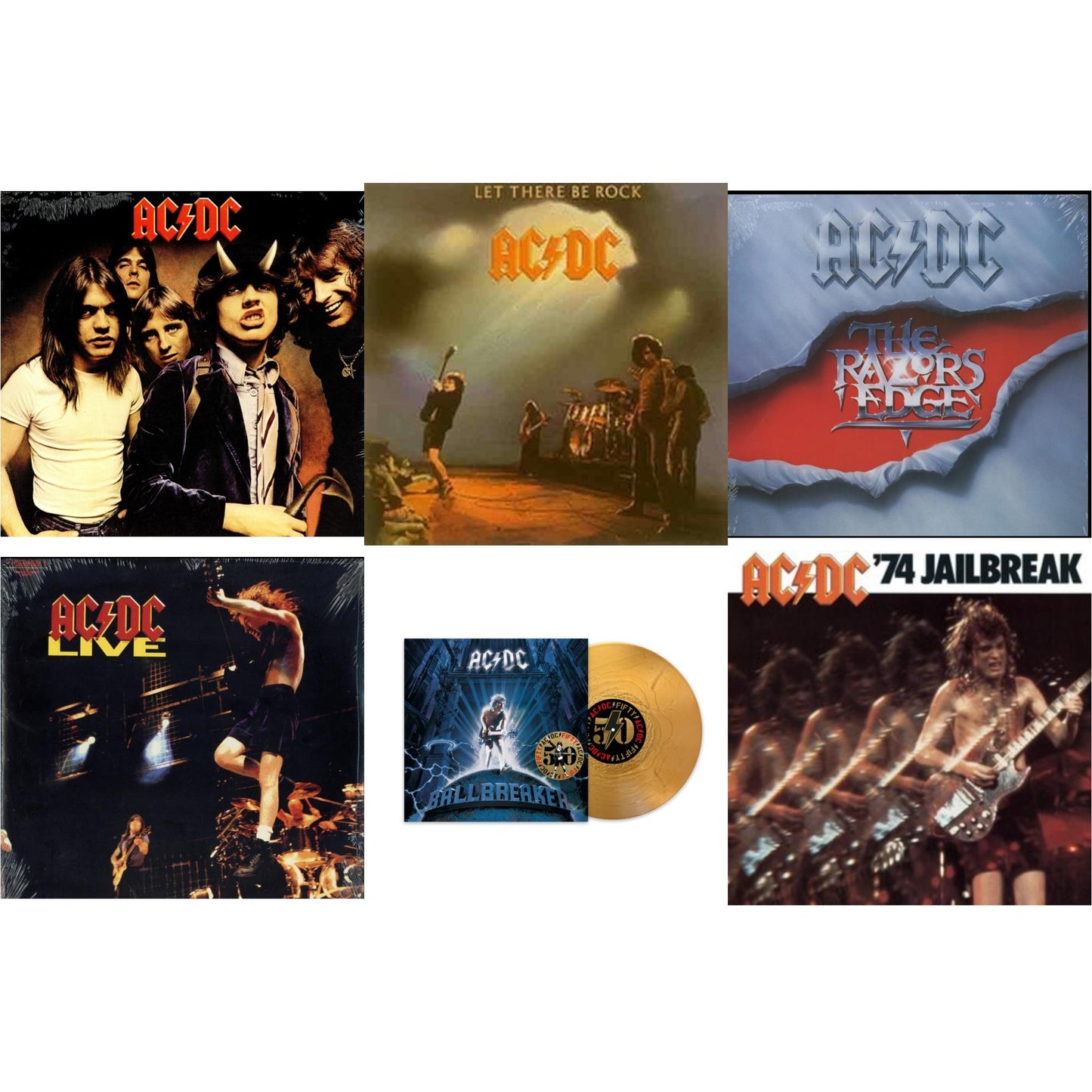 Ac/Dc - Ballbreaker (50Th Anniversary/Gold Color LP Vinyl) & 74 Jailbreak (180G) & Let There Be Rock (180G) & Highway To Hell (180G) & Razor’S Edge (180G) & Live (2LP/180G)