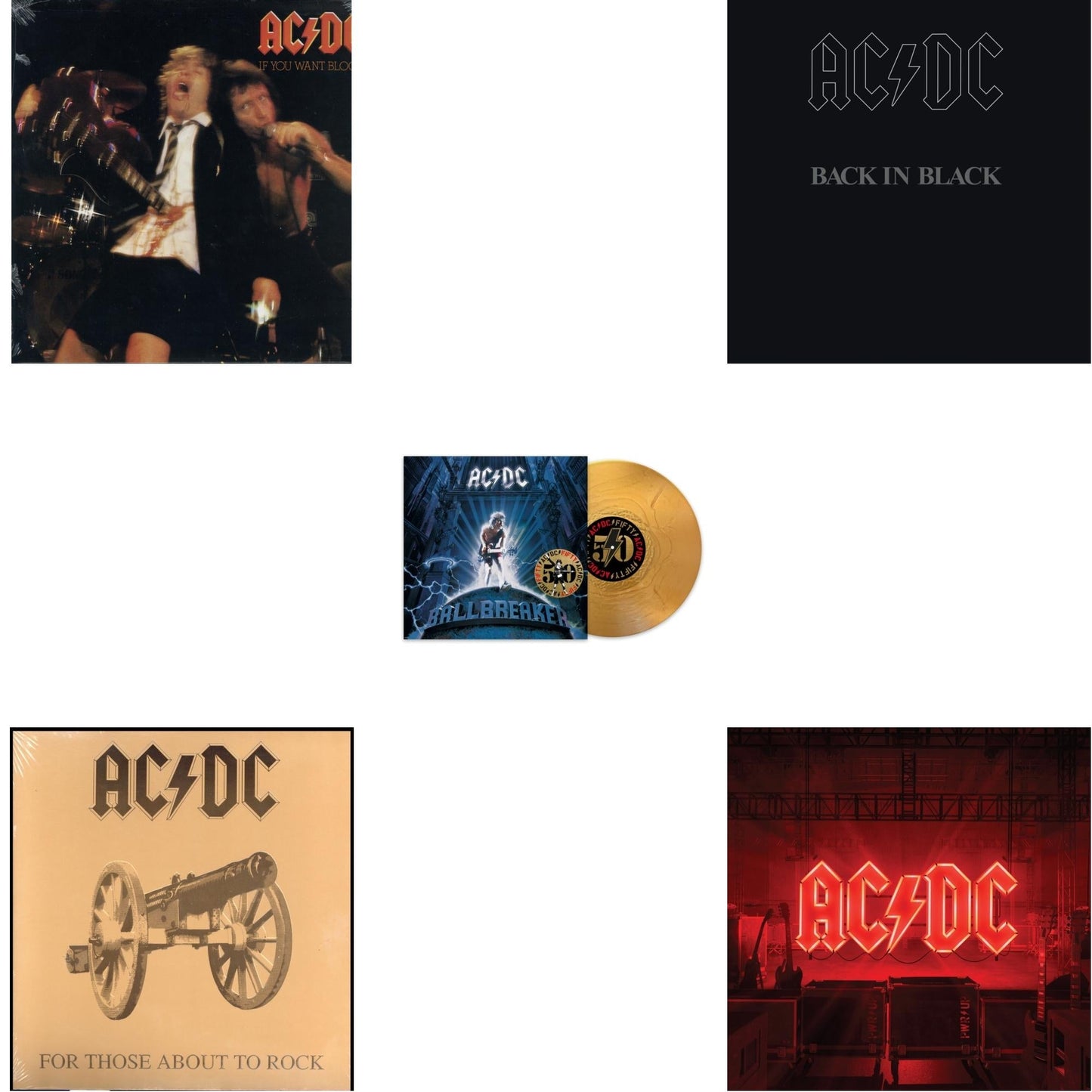 Ac/Dc - Power Up (180G/Gatefold Jacket/Inner Sleeve) & Ballbreaker (50Th Anniversary/Gold Color LP Vinyl) & If You Want Blood You've Got It (180G) & Back In Black (180G) & For Those About To Rock (180G)