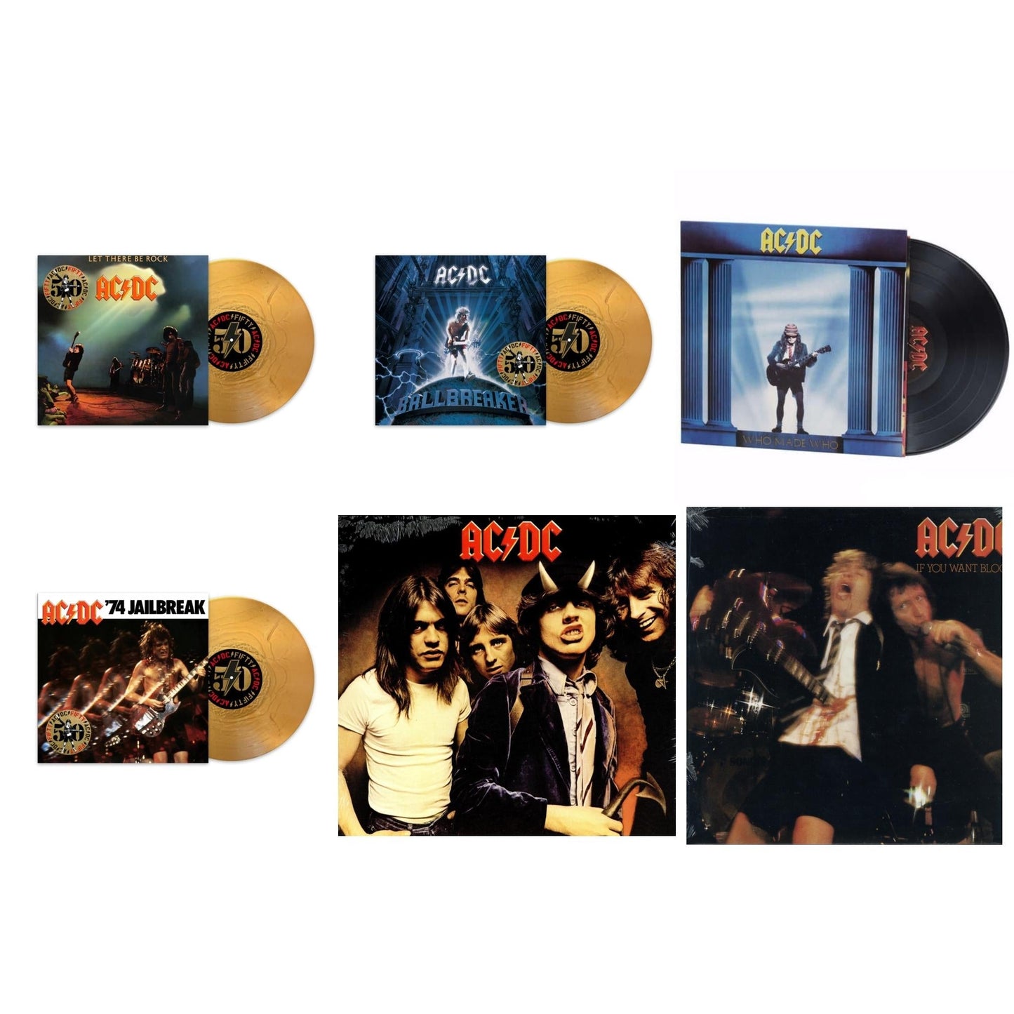 Ac/Dc - Let There Be Rock (50Th Anniversary/Gold Color LP Vinyl) & Ballbreaker (50Th Anniversary/Gold Color LP Vinyl) & Who Made Who (180G) & 74 Jailbreak (50Th Anniversary/Gold Color LP Vinyl) & Highway To Hell (180G) & If You Want Blood You've Got