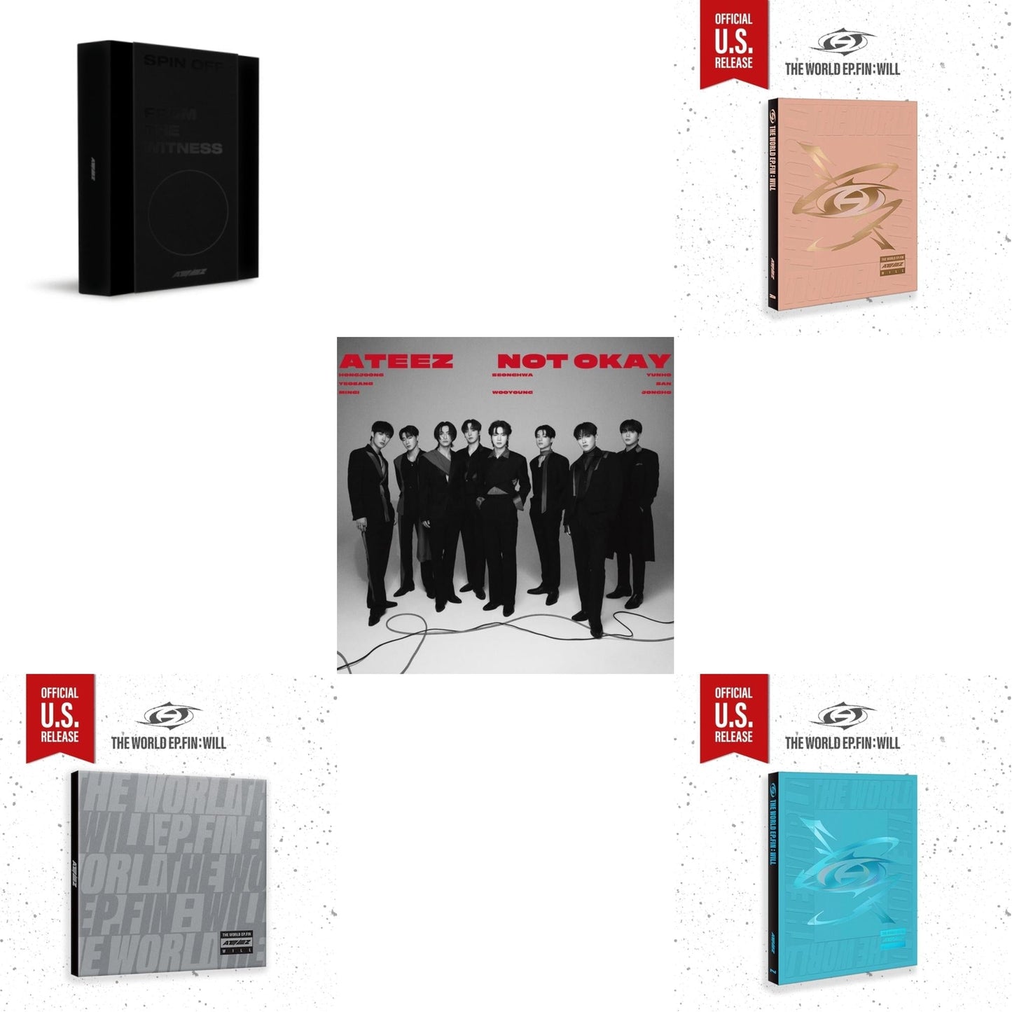 Ateez - Spin Off : From The Witness (Witness Version) (Limited) & World Ep.Fin : Will - (Digipak) (Us Basic) & Not Okay(Limited Edition B) & World Ep.Fin : Will - (A Ver.) (Us Basic) & World Ep.Fin : Will - (Z Ver.) (Us Basic) - CD Bundle