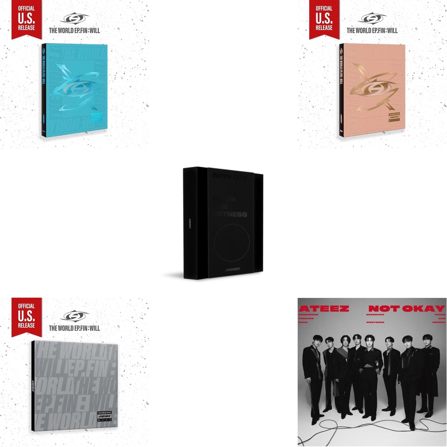 Ateez - World Ep.Fin : Will - (Z Ver.) (Us Basic) & World Ep.Fin : Will - (Digipak) (Us Basic) & Spin Off : From The Witness (Witness Version) (Limited) & World Ep.Fin : Will - (A Ver.) (Us Basic) & Not Okay(Limited Edition B) - CD Bundle