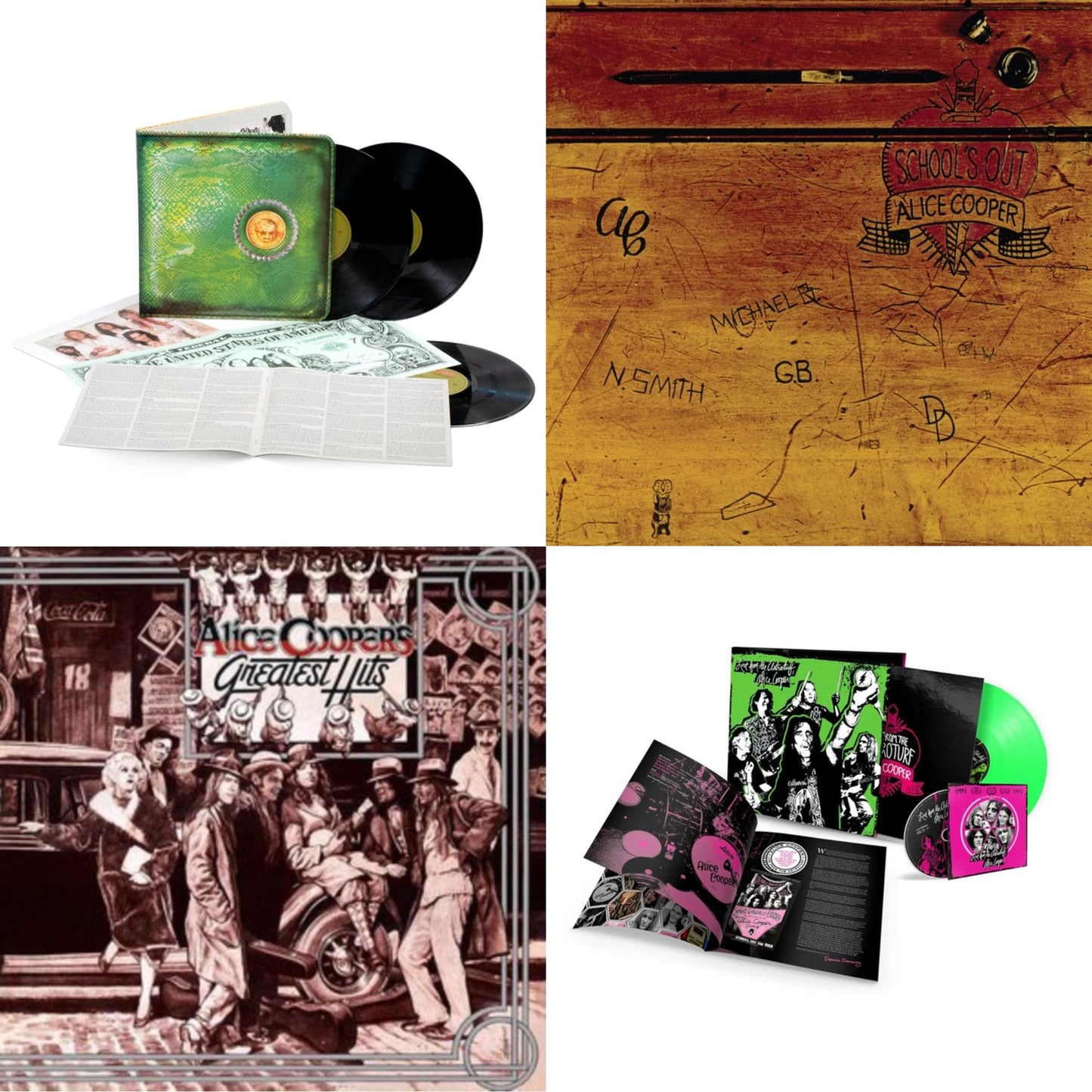 Alice Cooper - Live From The Astroturf (Glow-In-The-Dark LP Vinyl/DVD) & Billion Dollar Babies (50Th Anniversary/Deluxe/3LP) & School's Out (Expanded & Remastered/3LP) & Alice Cooper's Greatest Hits (180G/Limited Anniversary Edition)