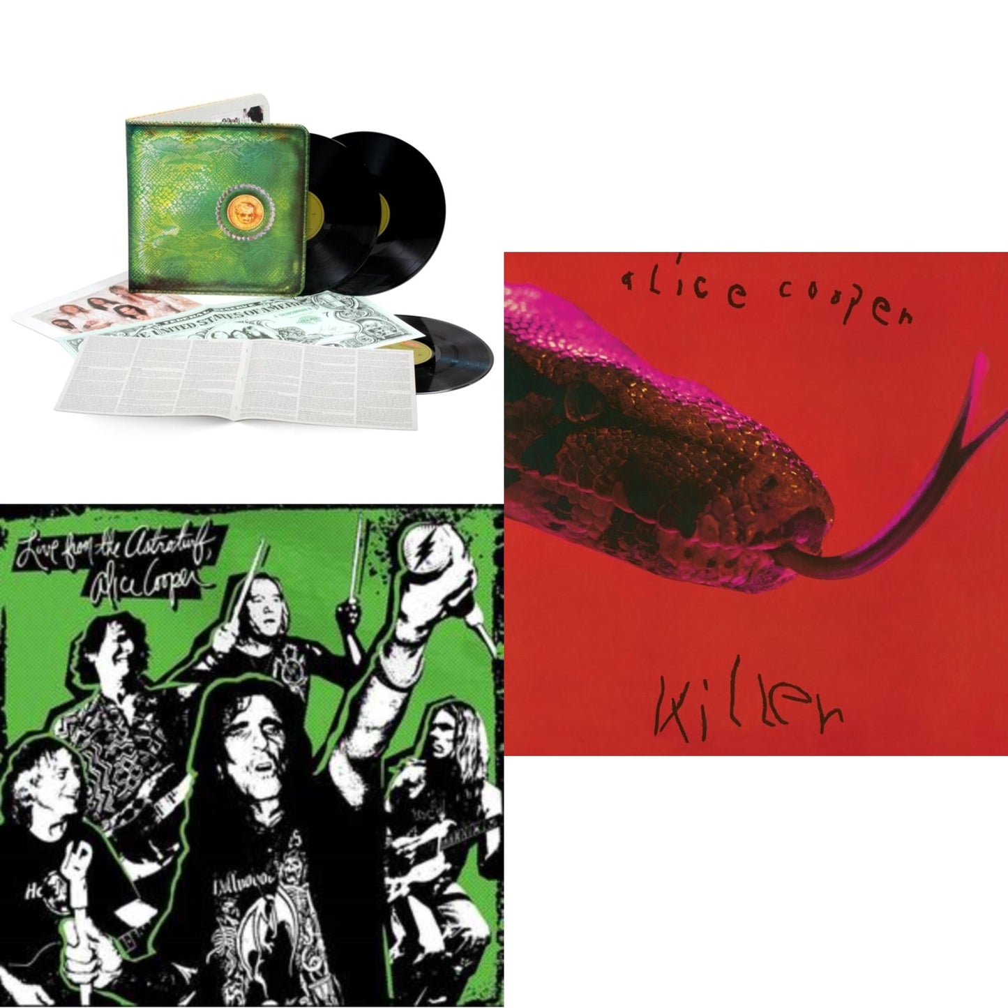 Alice Cooper - Live From The Astroturf (Glow-In-The-Dark LP Vinyl/DVD) & Billion Dollar Babies (50Th Anniversary/Deluxe/3LP) & Killer (Expanded & Remastered/3LP)