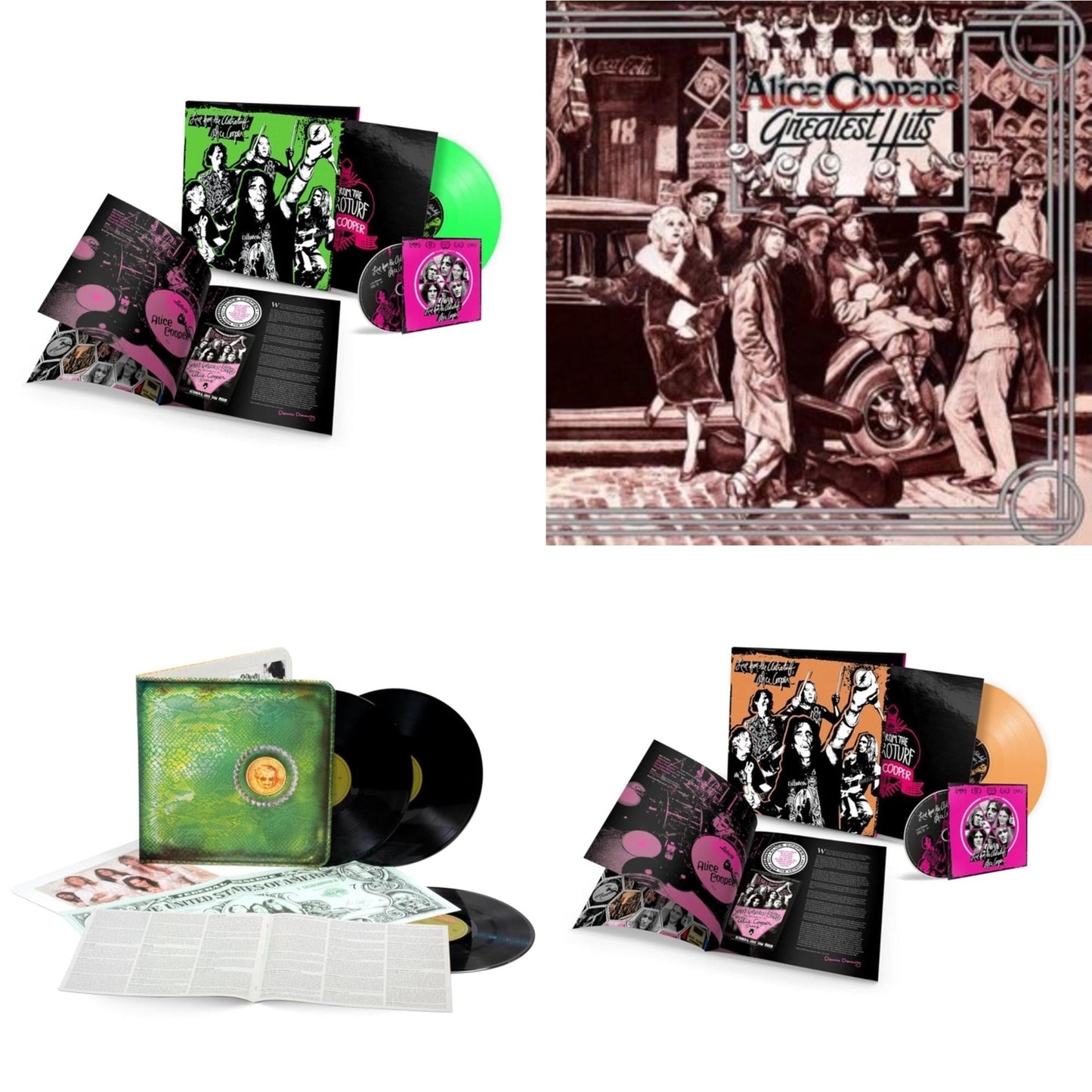 Alice Cooper - Live From The Astroturf (Glow-In-The-Dark LP Vinyl/DVD) & Live From The Astroturf (Apricoot LP Vinyl/DVD) & Billion Dollar Babies (50Th Anniversary/Deluxe/3LP) & Alice Cooper's Greatest Hits (180G/Limited Anniversary Edition)