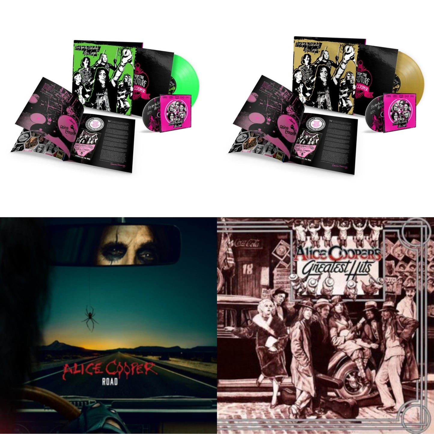 Alice Cooper - Live From The Astroturf (Glow-In-The-Dark LP Vinyl/DVD) & Live From The Astroturf (Gold LP Vinyl/DVD) & Road (Orange Marbled Vinyl/2LP/DVD) & Alice Cooper's Greatest Hits (180G/Limited Anniversary Edition)