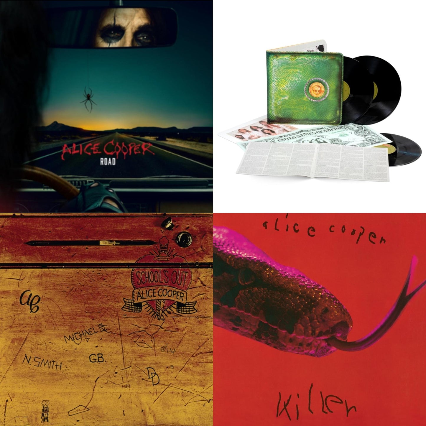 Alice Cooper - Road (Orange Marbled Vinyl/2LP/DVD) & Billion Dollar Babies (50Th Anniversary/Deluxe/3LP) & School's Out (Expanded & Remastered/3LP) & Killer (Expanded & Remastered/3LP)