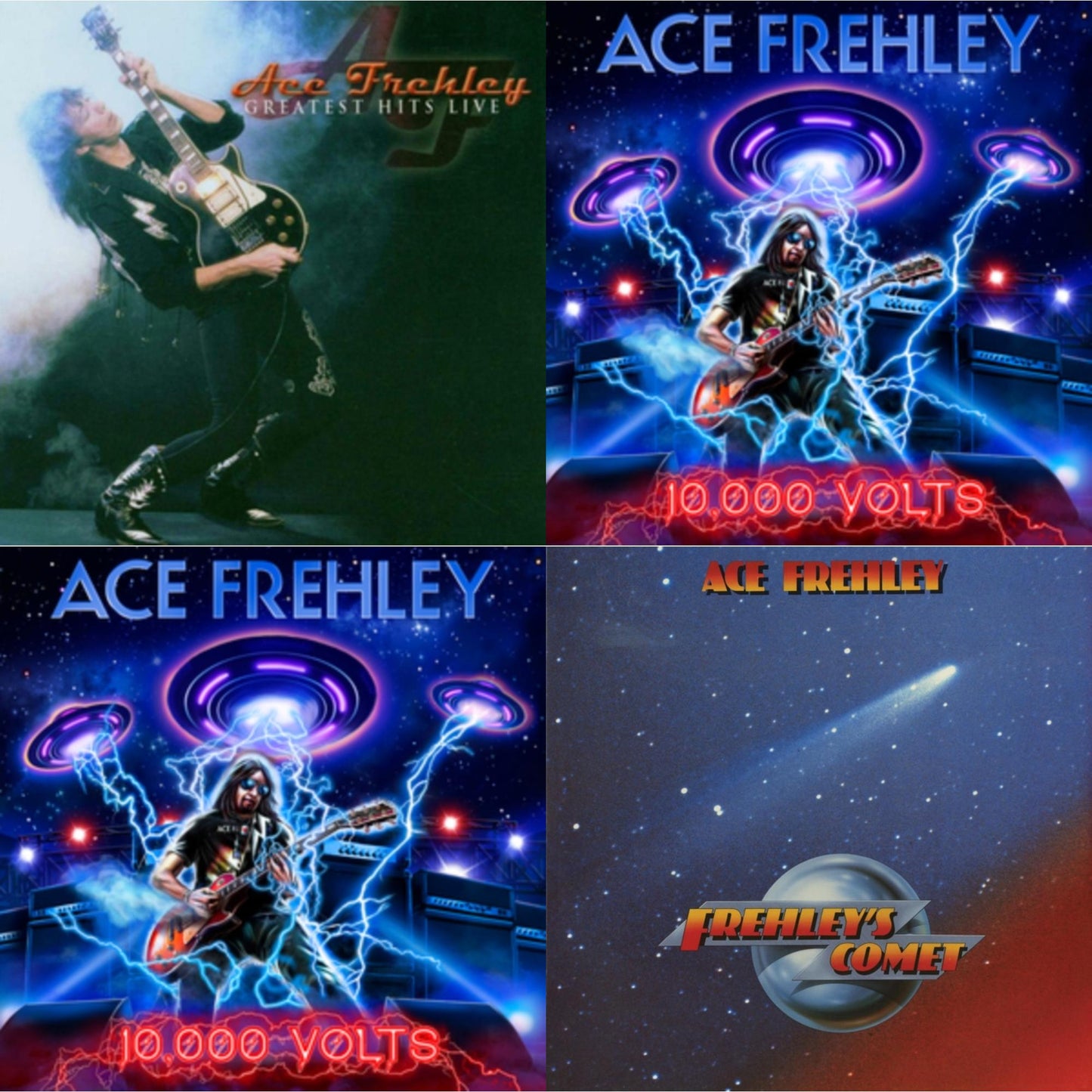 Ace Frehley - Greatest Hits Live & 10,000 Volts (Edge Only Splatter/Metal Gym Locker/Red Splatter LP Vinyl) & 10,000 Volts (Orange Tabby LP Vinyl) & Frehley's Comet (Red & Blue Hand Poured Effect LP Vinyl)