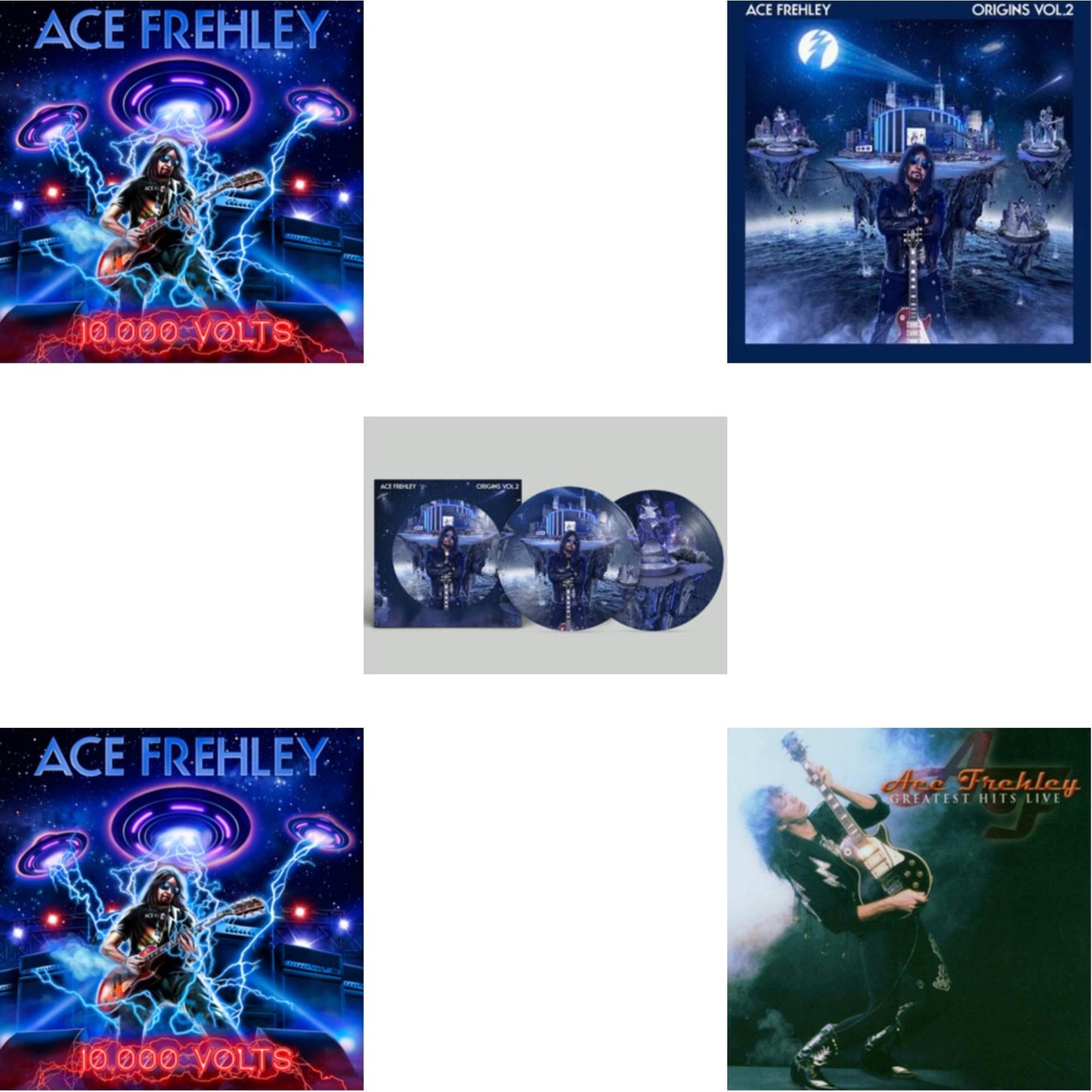 Ace Frehley - Greatest Hits Live & 10,000 Volts (Edge Only Splatter/Metal Gym Locker/Red Splatter LP Vinyl) & 10,000 Volts (Orange Tabby LP Vinyl) & Origins Vol.2 (Blue & White LP Vinyl) & Origins: Vol. 2 (Picture Disc)