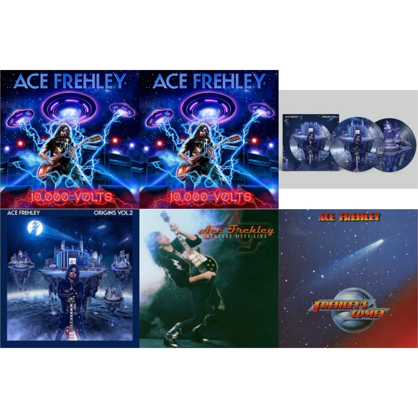 Ace Frehley - 10,000 Volts (Edge Only Splatter/Metal Gym Locker/Red Splatter LP Vinyl) & 10,000 Volts (Orange Tabby LP Vinyl) & Origins: Vol. 2 (Picture Disc) & Origins Vol.2 (Blue & White LP Vinyl) & Greatest Hits Live & Frehley's Comet (Red & Blue