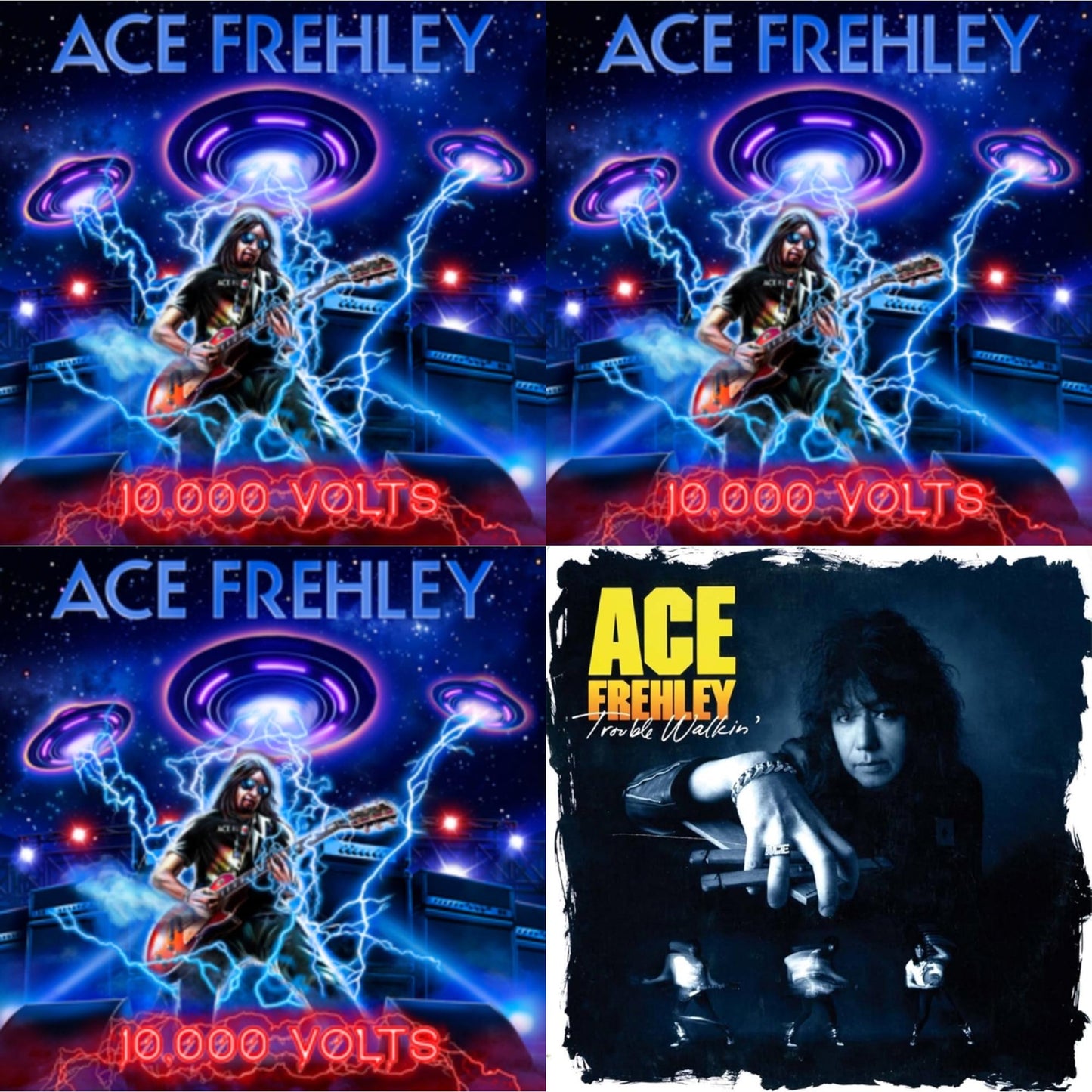 Ace Frehley - 10,000 Volts (Edge Only Splatter/Metal Gym Locker/Red Splatter LP Vinyl) & 10,000 Volts (Dragons Den LP Vinyl) & 10,000 Volts (Orange Tabby LP Vinyl) & Trouble Walkin (Oxblood Red Hide Your Heart Swirl LP Vinyl)