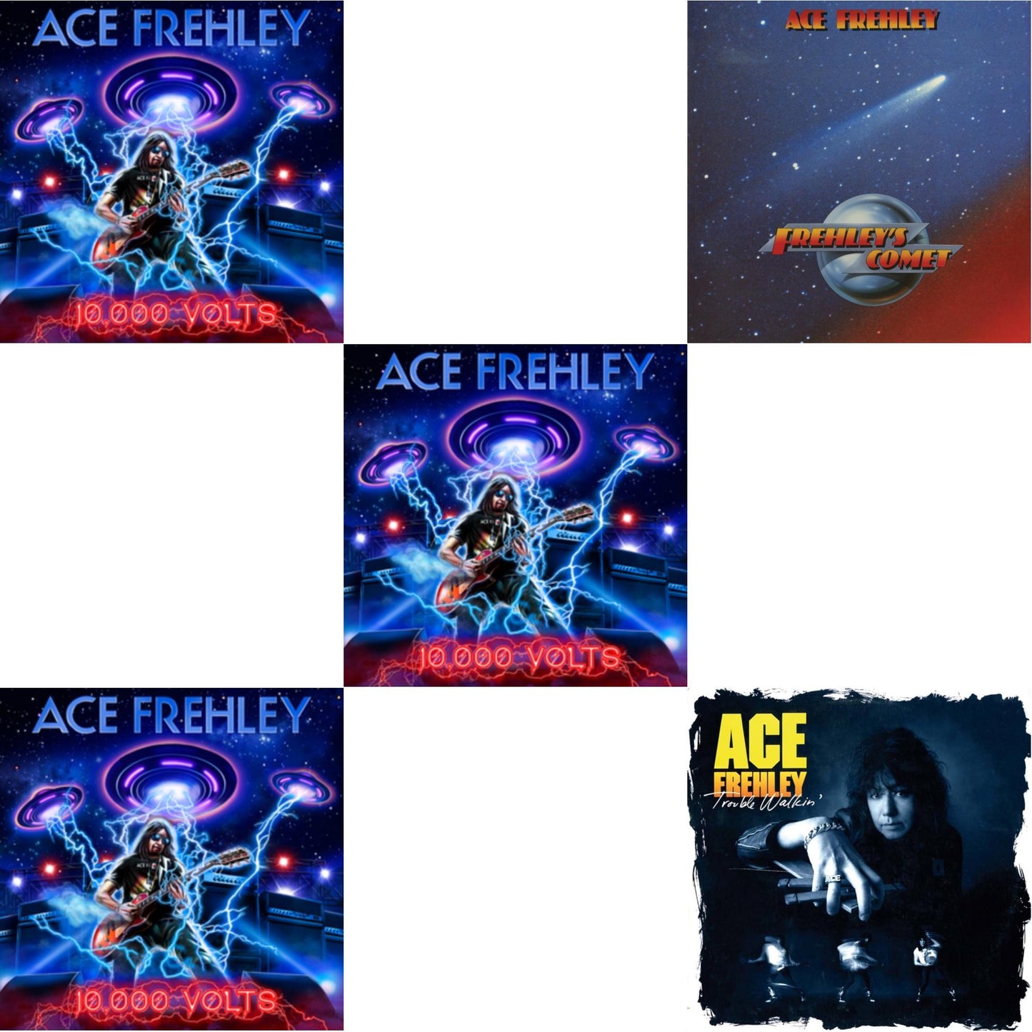 Ace Frehley - 10,000 Volts (Edge Only Splatter/Metal Gym Locker/Red Splatter LP Vinyl) & 10,000 Volts (Dragons Den LP Vinyl) & 10,000 Volts (Orange Tabby LP Vinyl) & Frehley's Comet (Red & Blue Hand Poured Effect LP Vinyl) & Trouble Walkin (Oxblood