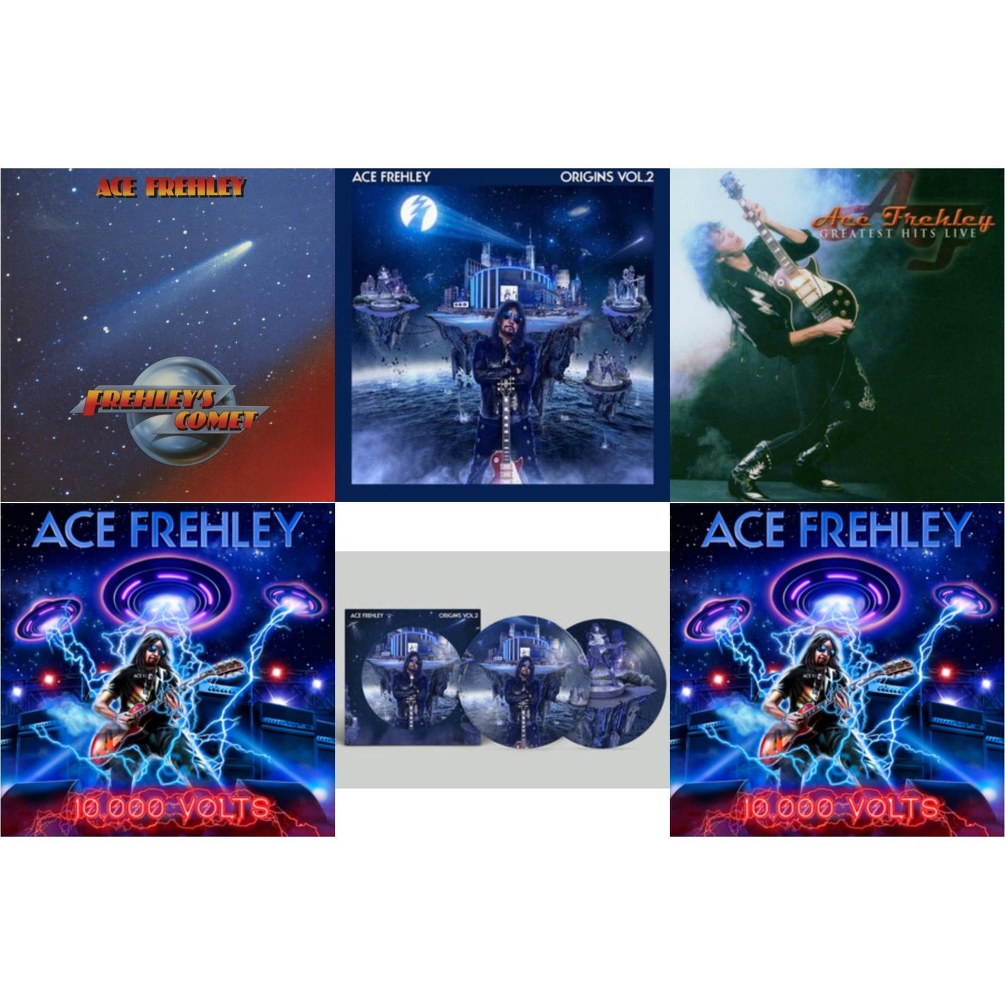 Ace Frehley - Frehley's Comet (Red & Blue Hand Poured Effect LP Vinyl) & Origins Vol.2 (Blue & White LP Vinyl) & Greatest Hits Live & 10,000 Volts (Edge Only Splatter/Metal Gym Locker/Red Splatter LP Vinyl) & Origins: Vol. 2 (Picture Disc) & 10,000