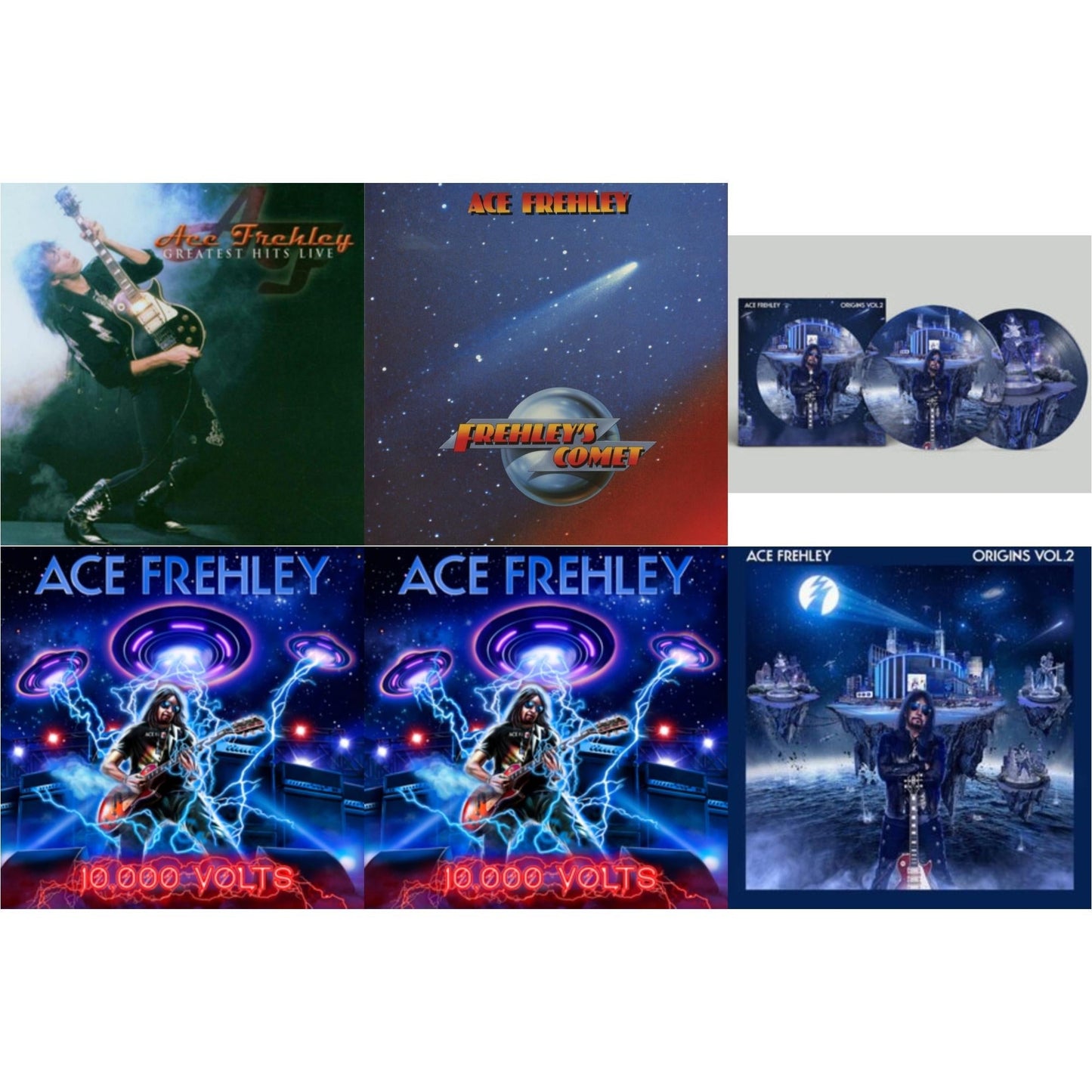 Ace Frehley - Greatest Hits Live & 10,000 Volts (Edge Only Splatter/Metal Gym Locker/Red Splatter LP Vinyl) & 10,000 Volts (Orange Tabby LP Vinyl) & Origins Vol.2 (Blue & White LP Vinyl) & Origins: Vol. 2 (Picture Disc) & Frehley's Comet (Red & Blue