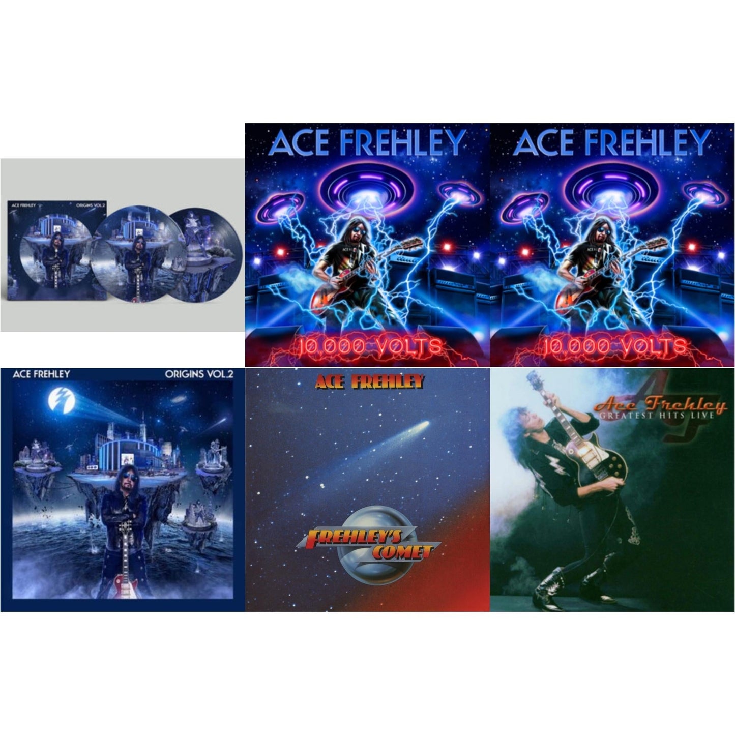 Ace Frehley - Greatest Hits Live & 10,000 Volts (Edge Only Splatter/Metal Gym Locker/Red Splatter LP Vinyl) & 10,000 Volts (Orange Tabby LP Vinyl) & Origins Vol.2 (Blue & White LP Vinyl) & Origins: Vol. 2 (Picture Disc) & Frehley's Comet (Red & Blue