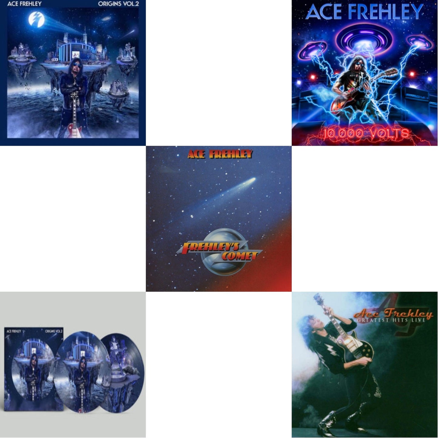 Ace Frehley - Greatest Hits Live & 10,000 Volts (Orange Tabby LP Vinyl) & Origins Vol.2 (Blue & White LP Vinyl) & Origins: Vol. 2 (Picture Disc) & Frehley's Comet (Red & Blue Hand Poured Effect LP Vinyl)