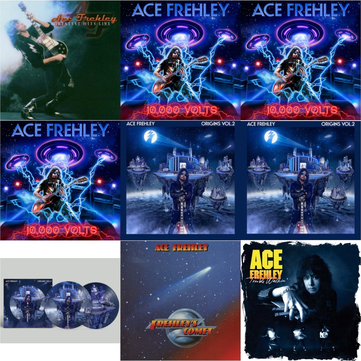 Ace Frehley - Greatest Hits Live & 10,000 Volts (Edge Only Splatter/Metal Gym Locker/Red Splatter LP Vinyl) & 10,000 Volts (Dragons Den LP Vinyl) & 10,000 Volts (Orange Tabby LP Vinyl) & Origins Vol.2 (Blue & White LP Vinyl) & Origins: Vol. 2 (I) &
