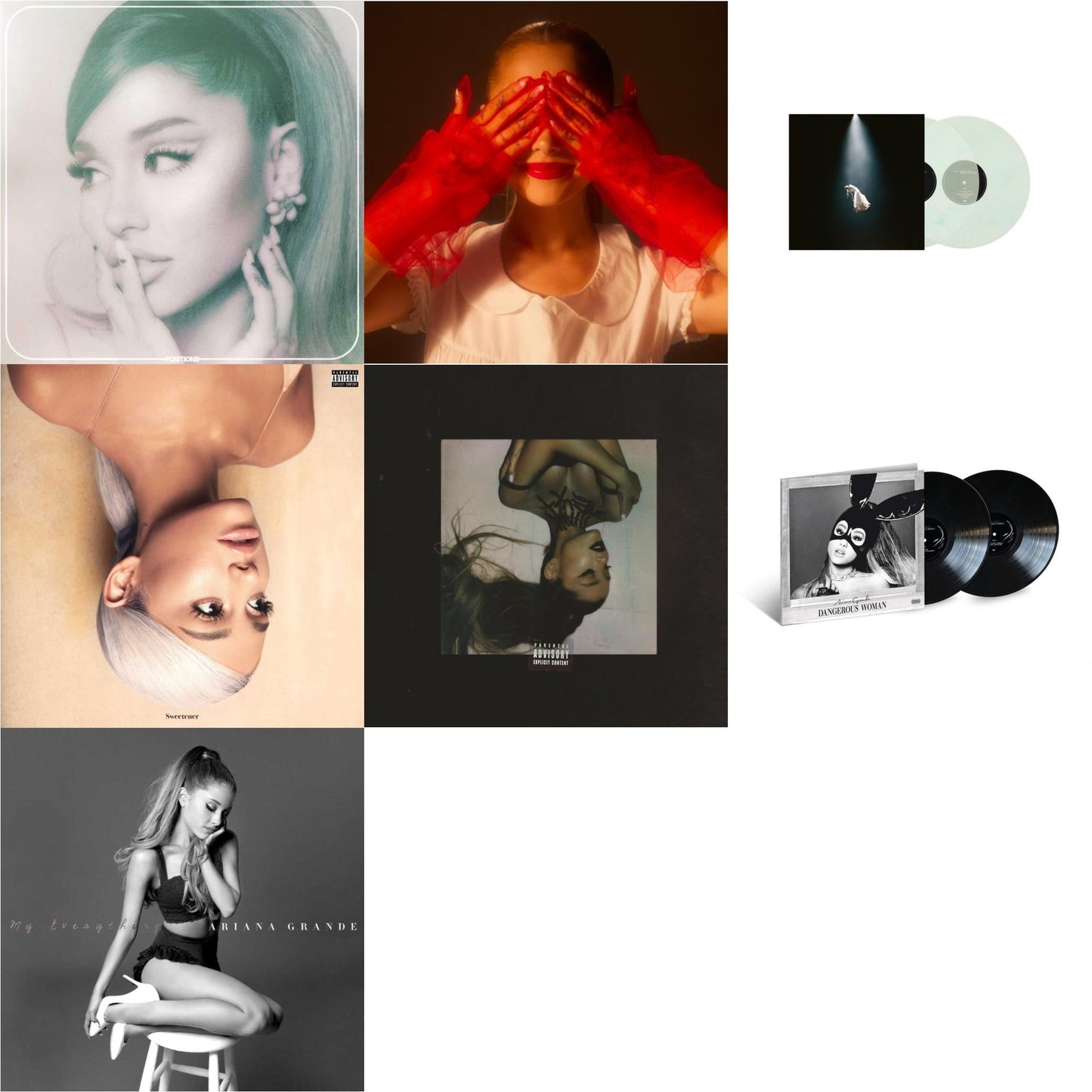 Ariana Grande - Positions (Coke Bottle Clear LP Vinyl) & Eternal Sunshine (X) (Ruby LP Vinyl) & Eternal Sunshine Deluxe: Brighter Days Ahead (X) (Translucent Marble Vinyl/2LP) & Sweetener (X) (2LP) & Thank U, Next & Dangerous Woman (2LP) & My