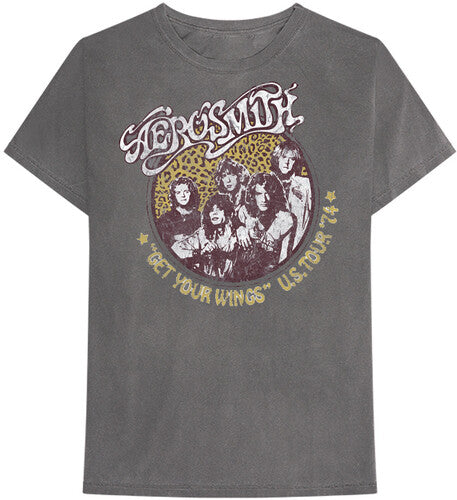 Aerosmith Get Your Wings US Tour 74 Cheetah Print Gray Unisex ShortSleeve T-shirt 2XL Mens T Shirt Officially Licensed