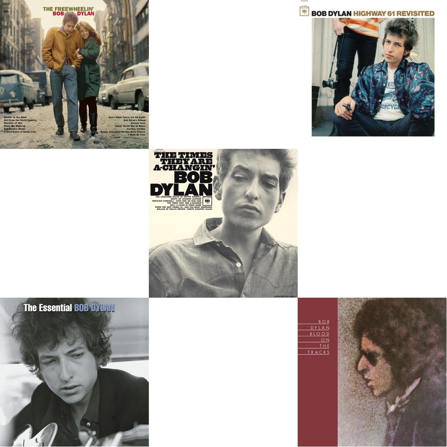 Bob Dylan - Blood On The Tracks (150G/Dl Insert) & Times They Are A-Changin (Mono) & Highway 61 Revisited & Essential Bob Dylan & Freewheelin Bob Dylan (140G/Dl Code) - LP Vinyl Bundle