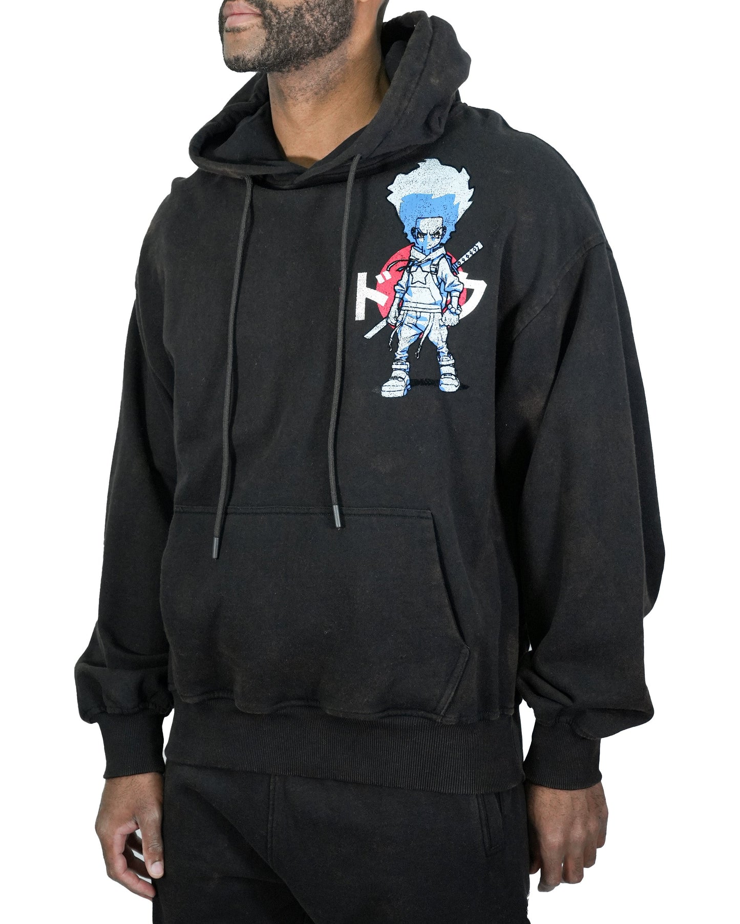 The Boondocks Huey Samurai Warrior Oversized Black Acid Wash Mens Hoodie