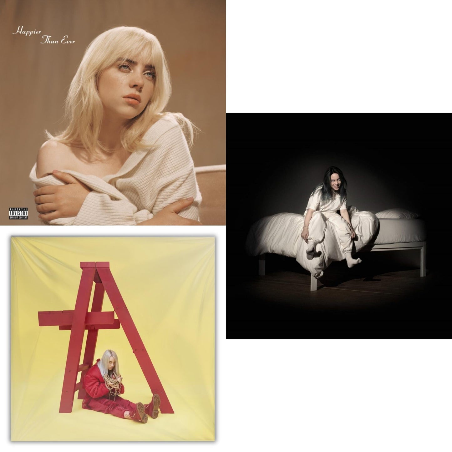 Billie Eilish - Happier Than Ever (X) (2LP) & Billie Eilish - Dont Smile At Me (Black LP Vinyl) & When We All Fall Asleep, Where Do We Go? (Pale Yellow LP Vinyl)