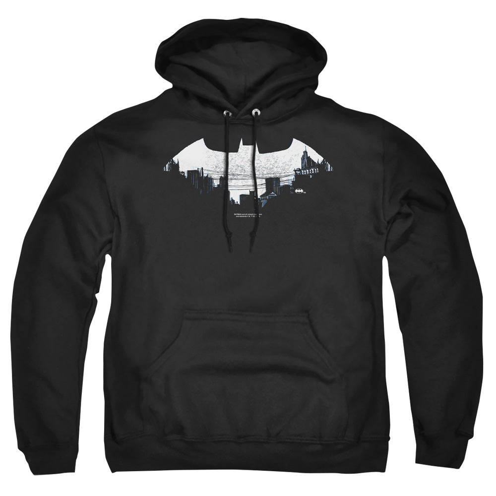 Batman Bat Logo Cityscape Mens Hoodie Black Officially Licensed