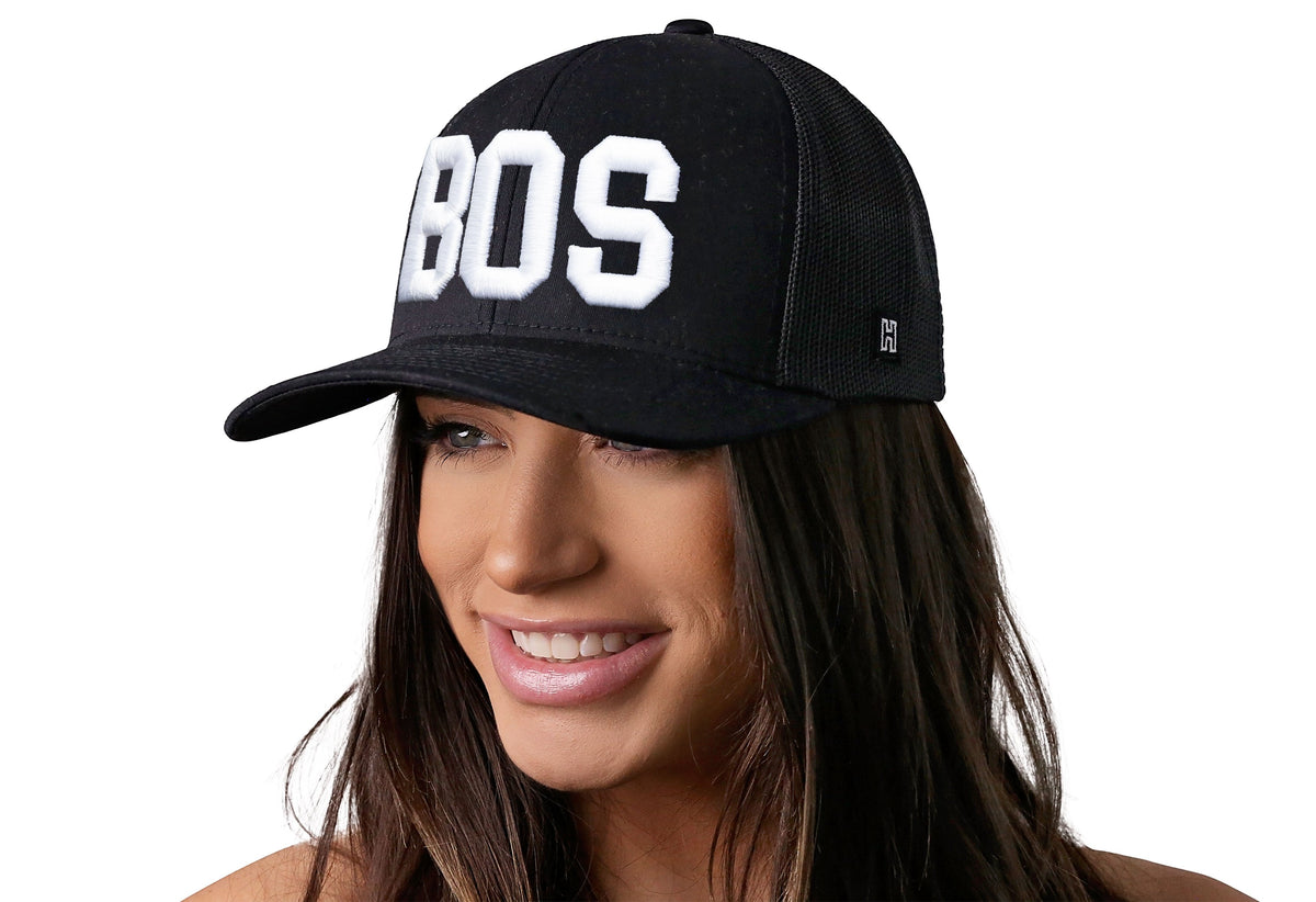 Boston White Block Trucker Hat | Black Massachusetts Snapback