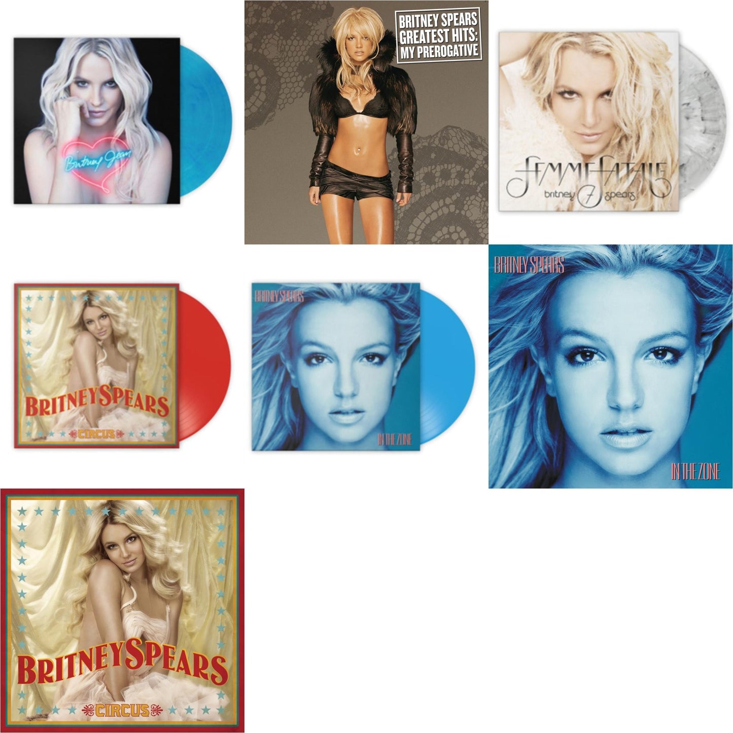 Britney Spears - Britney Jean (Blue Marbled LP Vinyl/Import) & Greatest Hits : My Prerogative (2LP) & Femme Fatale (Light Grey Marbled LP Vinyl/Import) & Circus (Red LP Vinyl/Import) & In The Zone (Blue LP Vinyl/Import) & In The Zone & Circus