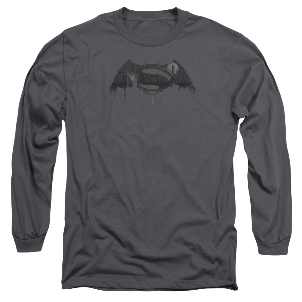 Batman V Superman Cityscape Logo Mens Long Sleeve Shirt Charcoal Officially Licensed